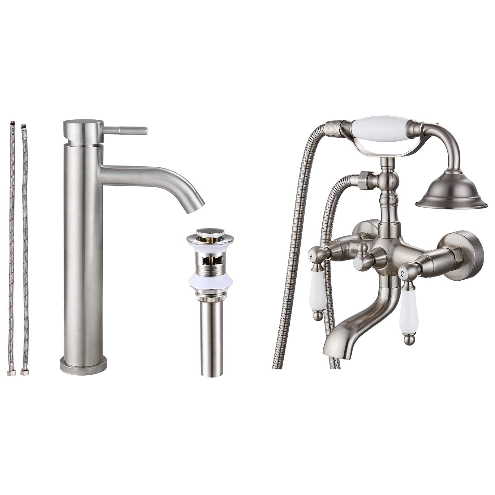 Airuida Brushed Nickel Wall Mount Bathtub Faucet with Ceramic Handheld Shower Sprayer - 304 Stainless Steel Tall Bathroom Faucet for Bathtub & Vessel Sink - Perfect for Modern & Luxury Bathroom Renovation