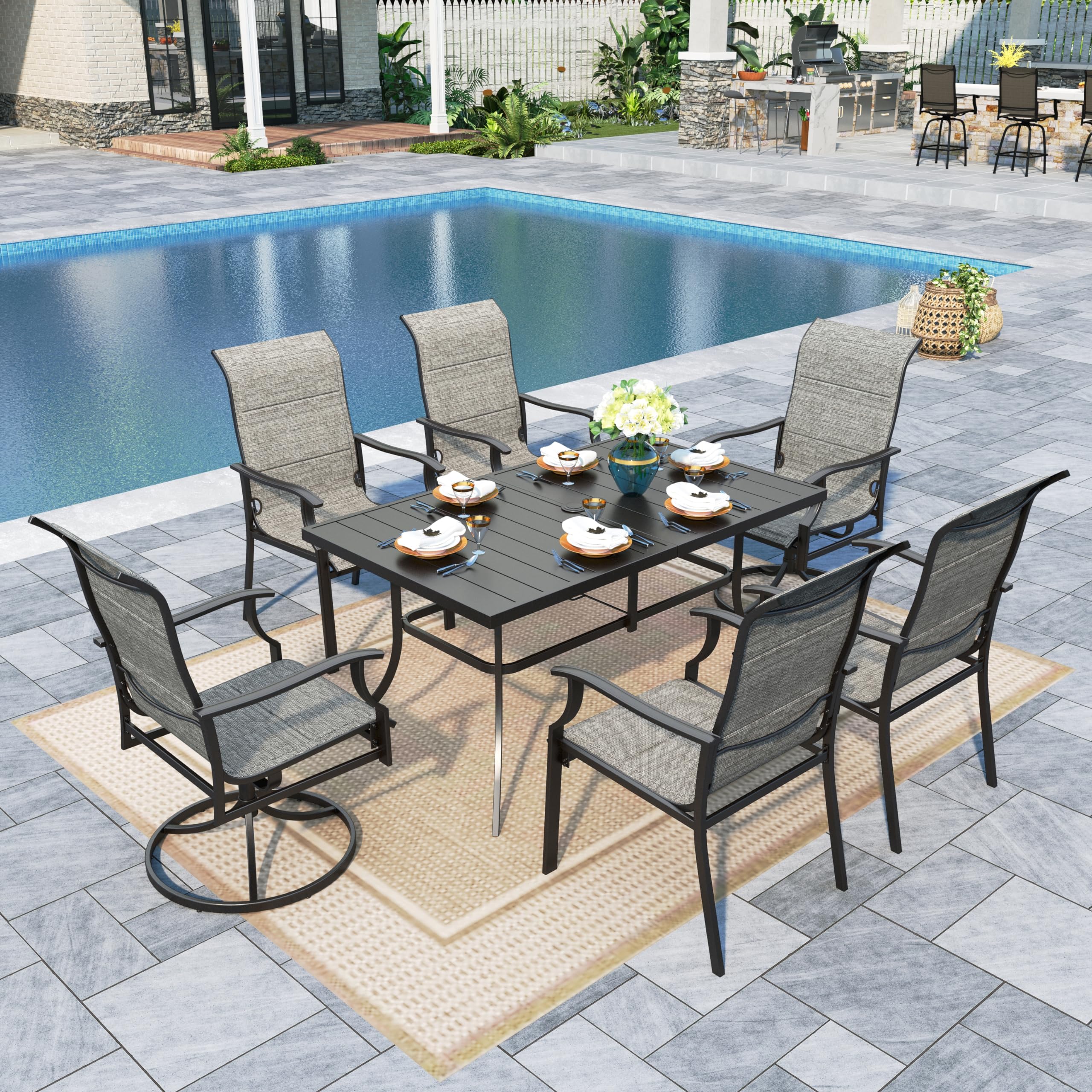 Sophia & William 7-Piece Patio Dining Set with High-Back Padded Textilene Chairs & 6-Person Table - 350lb Capacity, Quick-Dry - Perfect for Outdoor Garden, Backyard, Poolside & BBQ Gatherings
