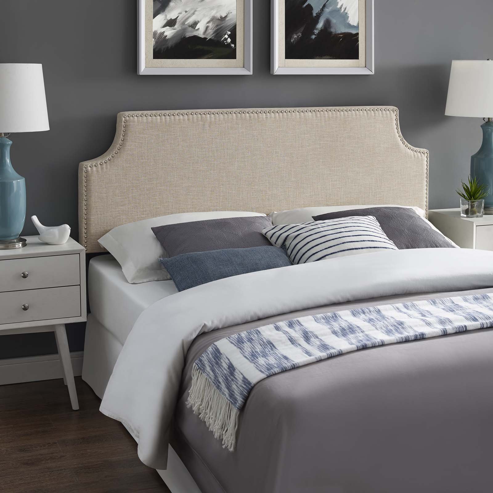 Modway Laura Beige Linen Fabric Upholstered Queen Size Headboard with Nailhead Trim - Elegant Bedroom Decor for Master Bedroom & Guest Room