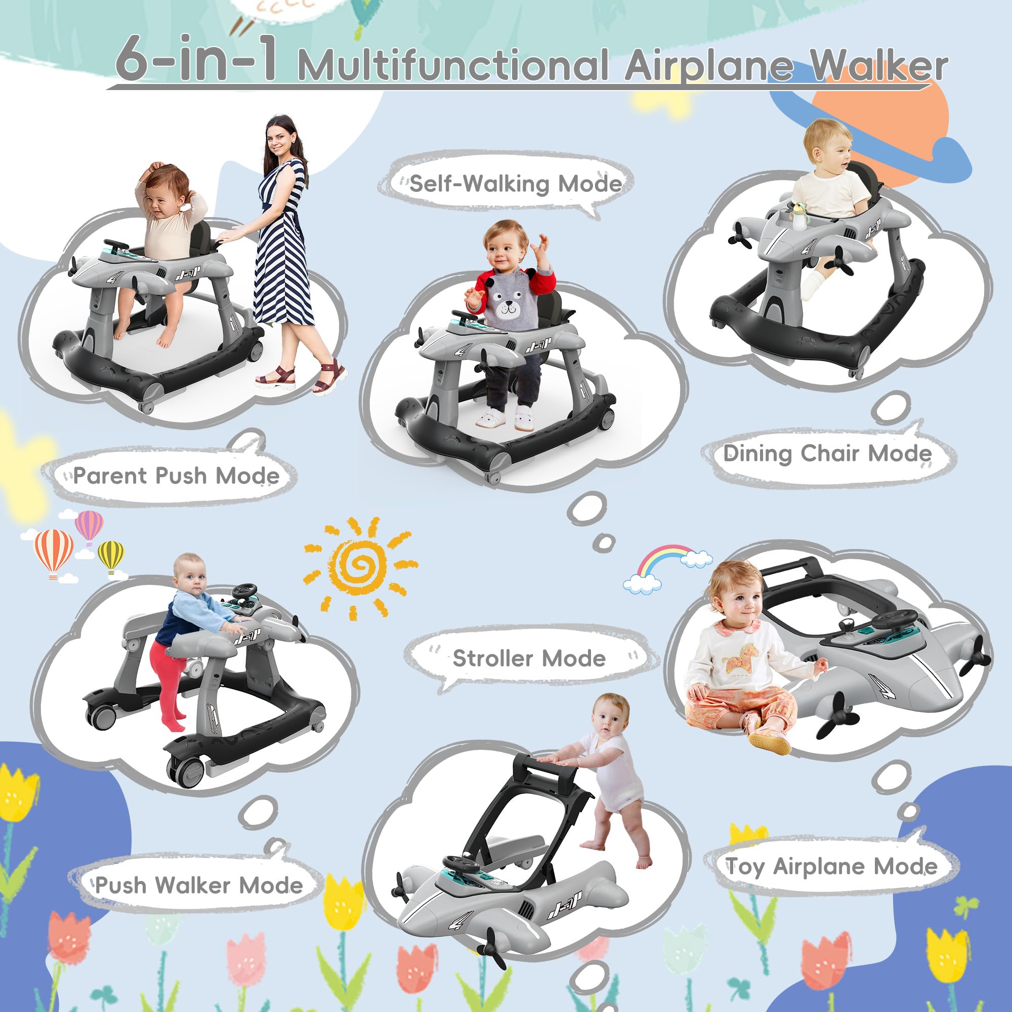 6-in-1 Foldable Baby Walker with Adjustable Height & Speed - Airplane-Themed Activity Push Walker with Music, Lights & Wheels - Anti-Slip Design for Boys & Girls 6-18 Months - Perfect for Learning to Walk, Indoor Play & Developmental Activities