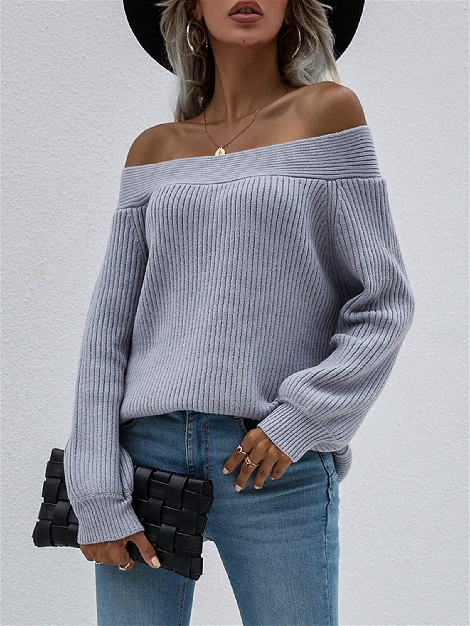 Women's Off Shoulder Sweater - Long Sleeve Loose Batwing Sleeves Pullover Knit Jumper - Casual Oversized Waffle Tunic Top for Fall & Winter Fashion - Perfect for Date Night, Office Wear and Weekend Outfits
