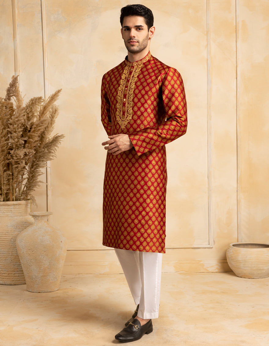 Blended Red Special Kurta by J. Junaid Jamshed | Premium Pakistani Traditional Wear for Men | Perfect for Eid, Weddings & Special Occasions