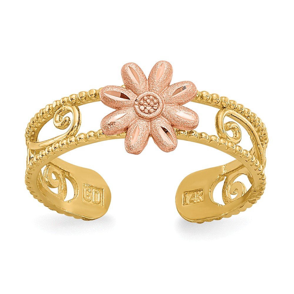 14K Yellow & Rose Gold Flower Toe Ring for Women - Elegant Floral Foot Jewelry - Perfect for Beach, Summer & Boho Fashion