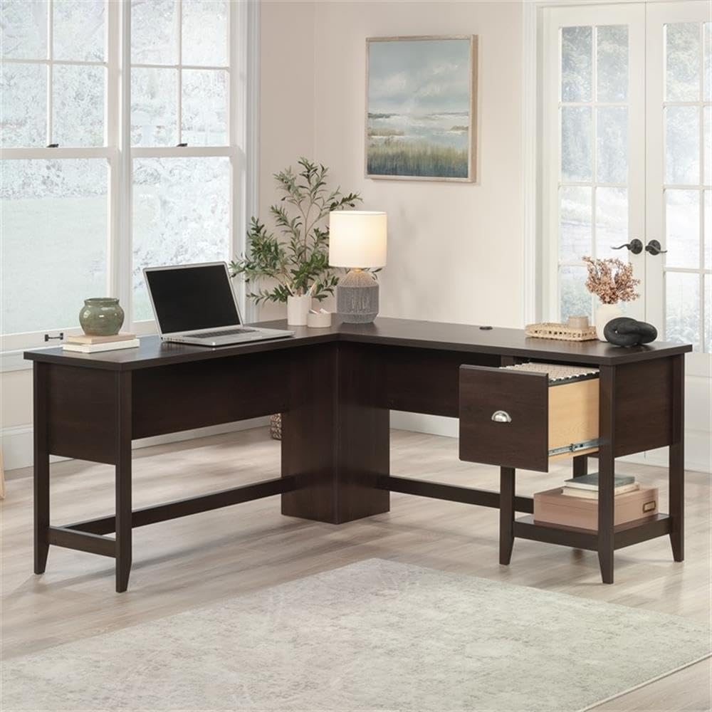 Pemberly Row Contemporary Engineered Wood L-Shaped Desk in Cinnamon Cherry Finish - Perfect for Home Office & Gaming Setup