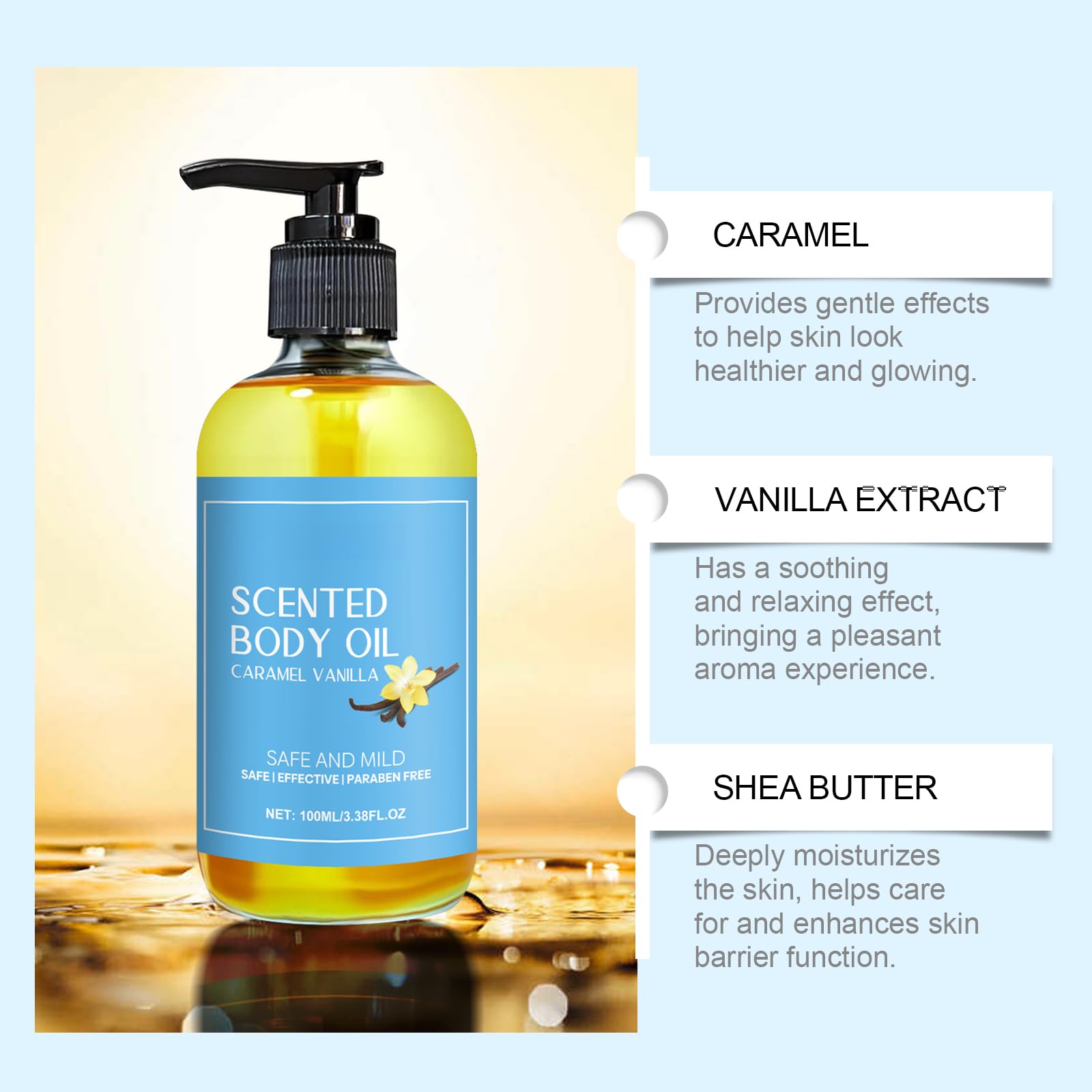 Caramel Vanilla Scented Body Oil - 120ml Natural Moisturizing Massage Oil for Women, Handmade Perfume Body Essence | Perfect for Aromatherapy, Relaxation & Skin Hydration