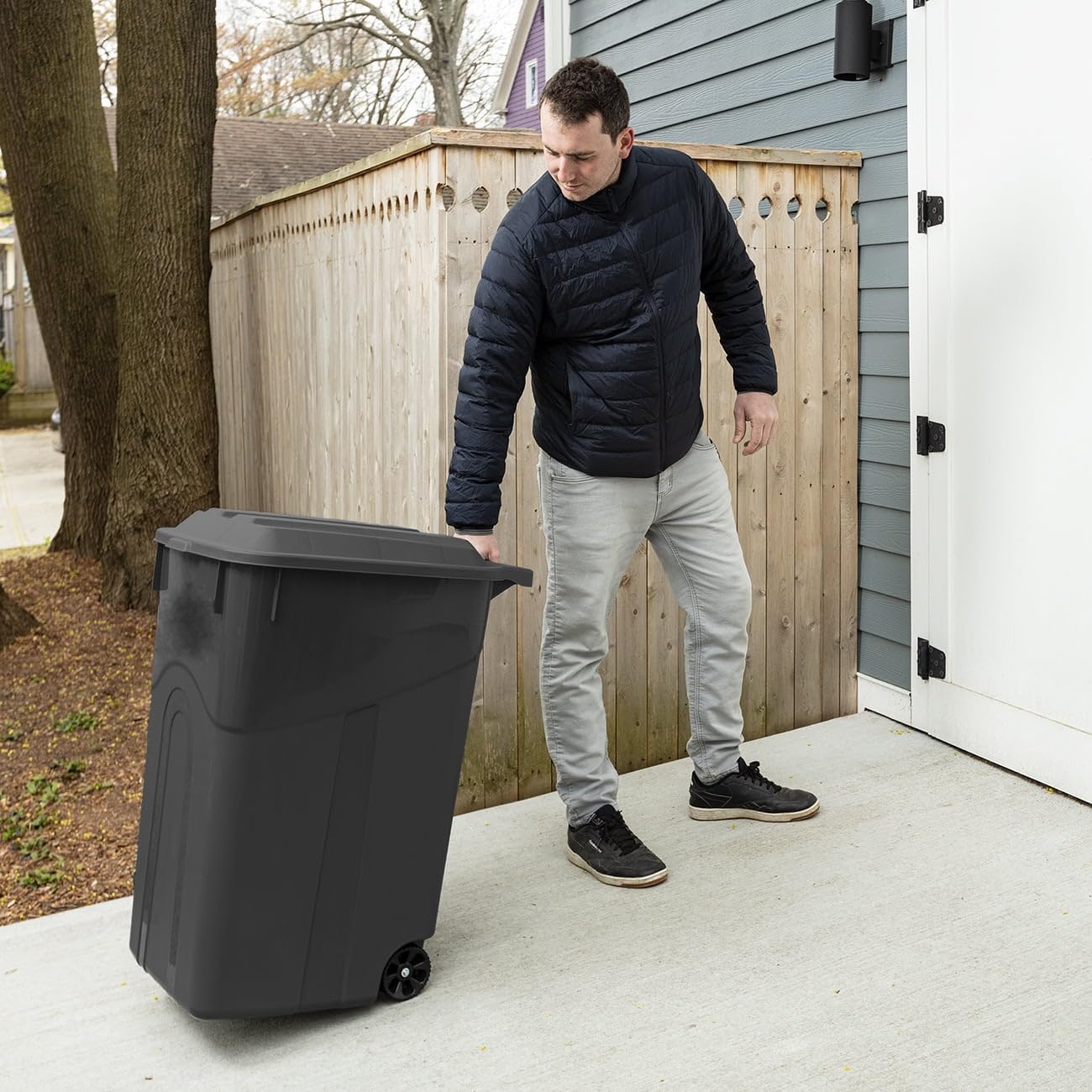 45 Gallon Heavy Duty Wheeled Trash Can with Lid & Handle - Large Outdoor/Indoor Garbage Bin for Garden, Yard, Kitchen & Commercial Use - Durable Plastic Waste Container (Black)