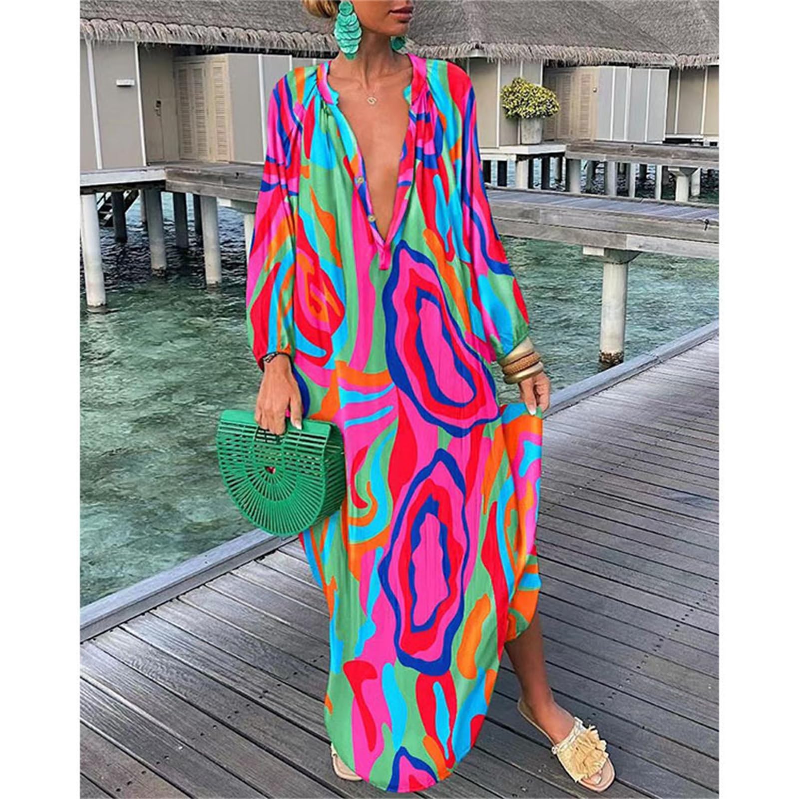 2024 Women's Winter Dresses - Long Sleeve V Neck Sexy Beach Dress for Holiday Parties, Date Nights & Vacation Getaways