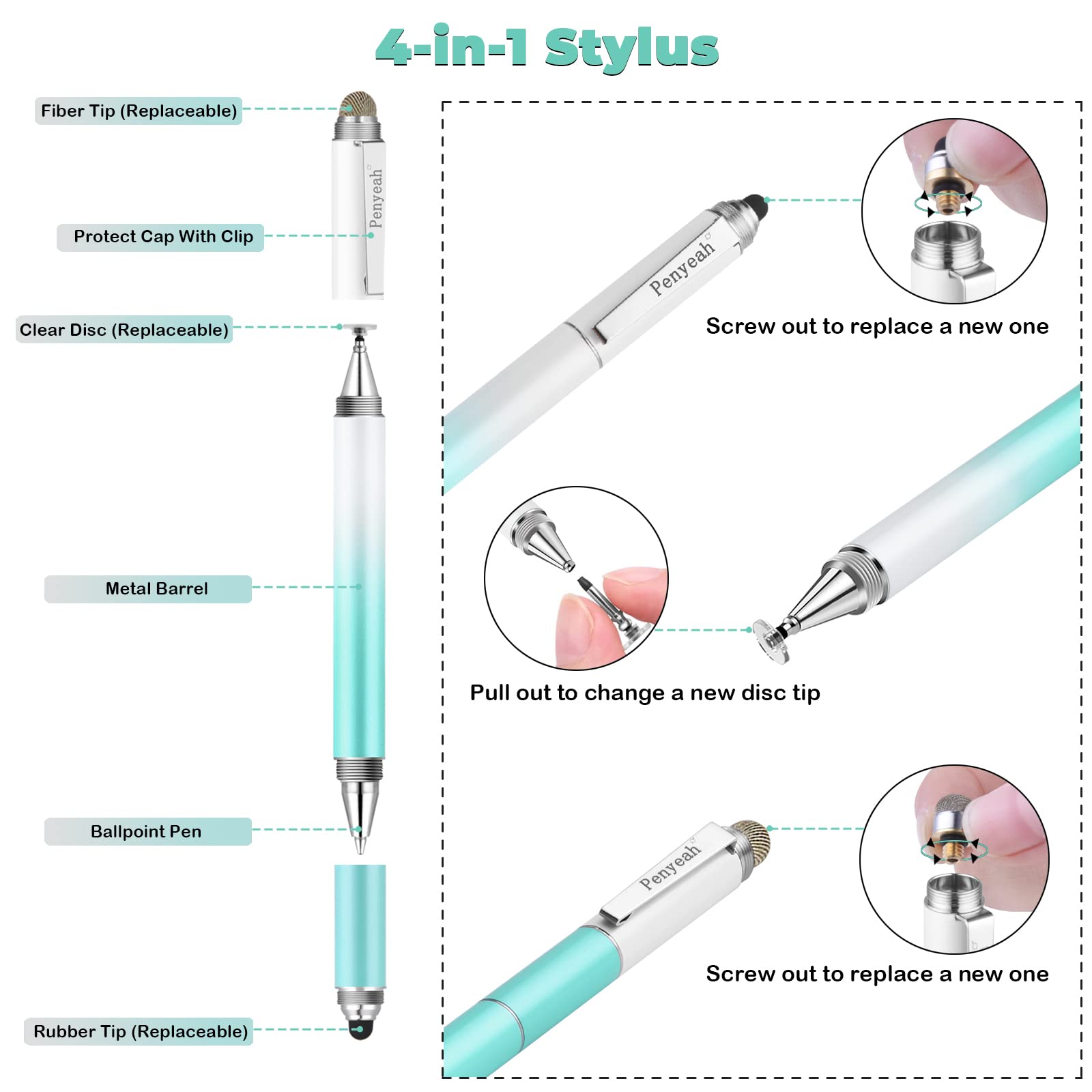 Penyeah 4-in-1 Universal Capacitive Stylus Pen for iPad, iPhone, Samsung & Android Devices - Compatible with All Touch Screens - Dream Blue - Perfect for Drawing, Note-Taking & Digital Signatures