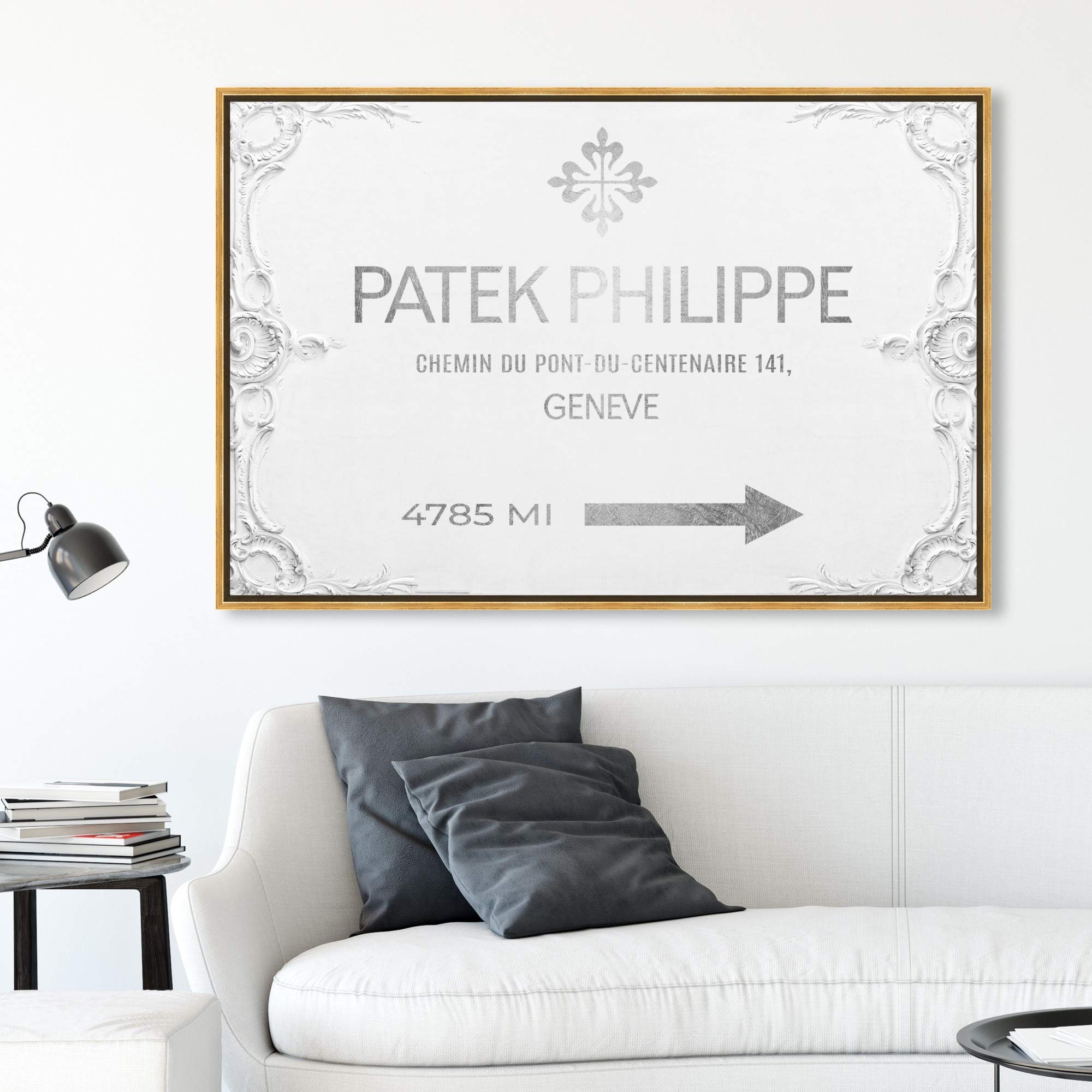 Oliver Gal Artist Co. Fashion & Glam Wall Art Framed Canvas Print - Geneva Watches Road Signs Home Decor, 45x30 Inches, Gray & White - Perfect for Living Room, Bedroom or Office Wall Decor