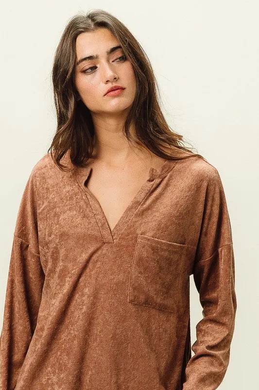 BiBi Loop Terry Solid V-Neck Pocket Top for Women - Soft Casual T-Shirt with Pocket - Perfect for Everyday Wear, Lounge, and Outings