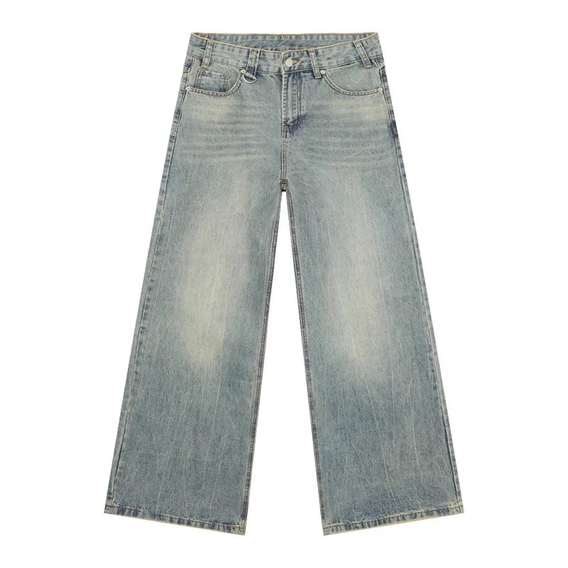 American Style Men's Jeans - Casual Washed Solid Color Wide Leg Denim Pants for Men | Straight Loose Fit Comfortable Jeans | Perfect for Everyday Wear, Street Fashion & Casual Outings (Style 9C9303)