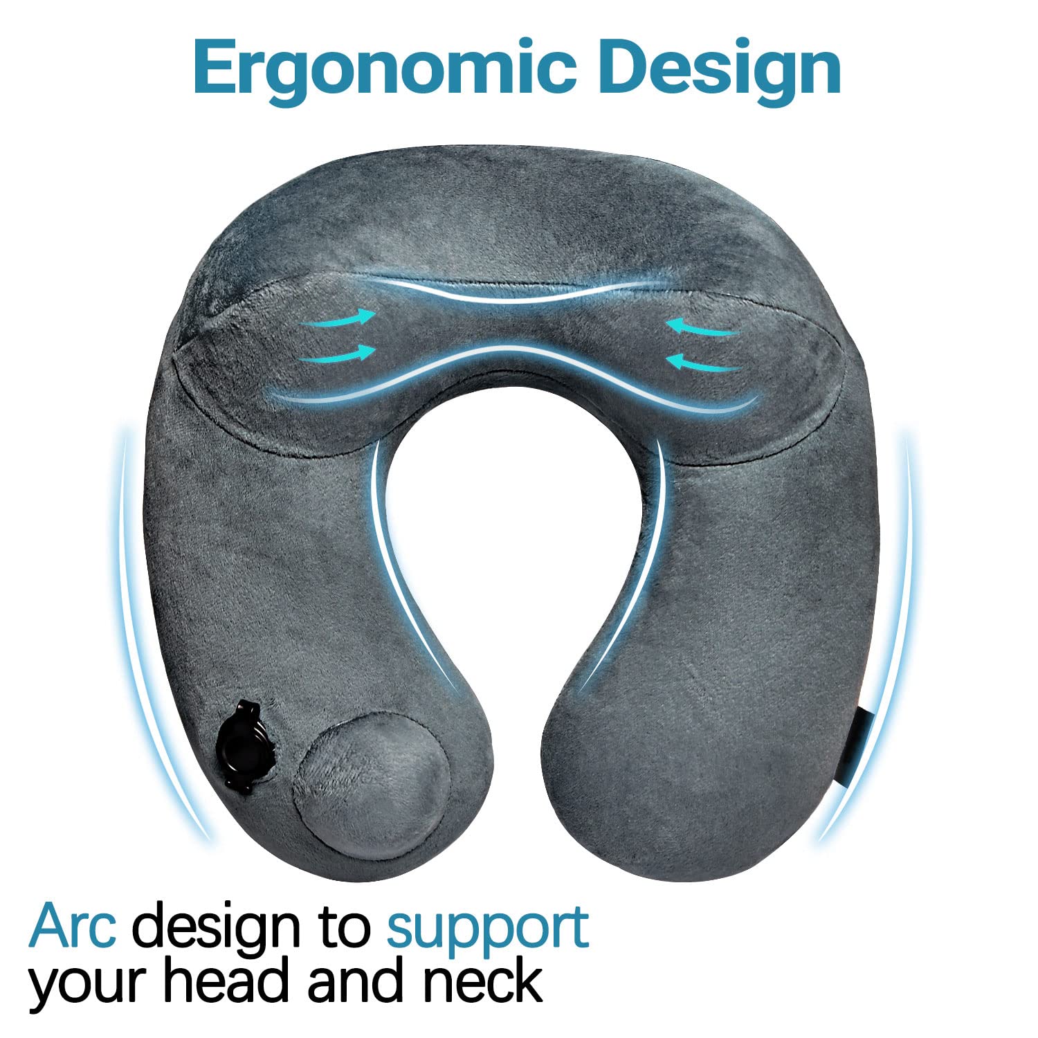 Comfortable Inflatable Travel Neck Pillow with Washable Breathable Cover - Portable Small Size for Airplane, Car & Camping - Soft Grey Pillow P12