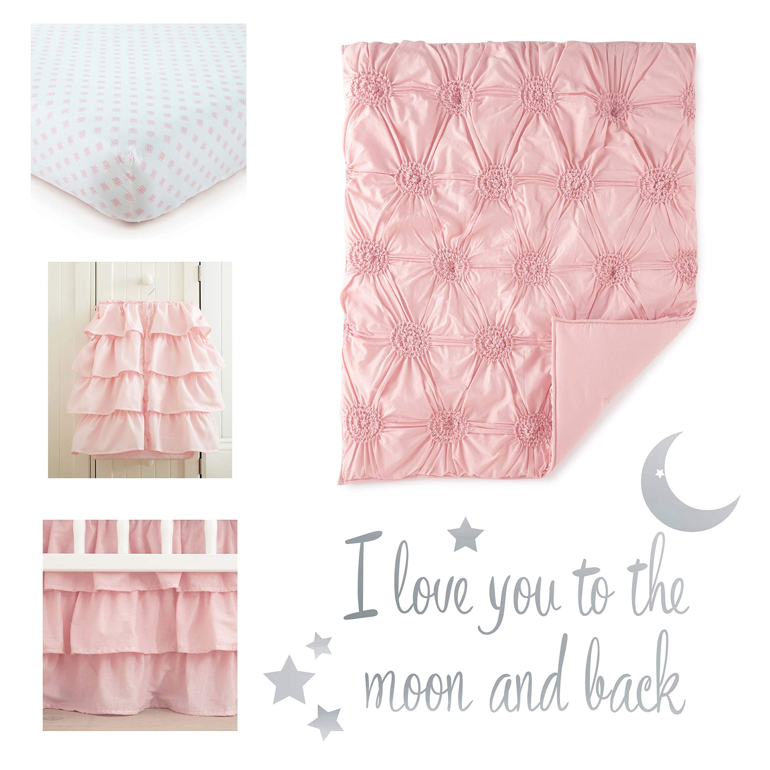 Levtex Baby Willow 5-Piece Crib Bedding Set - Soft Rosette Pintuck Nursery Collection in Pink (Quilt, Fitted Sheet, Diaper Stacker, Wall Decal & Crib Skirt) - Perfect for Newborn & Toddler Room Decor, Baby Shower Gifts & Cozy Nursery Essentials