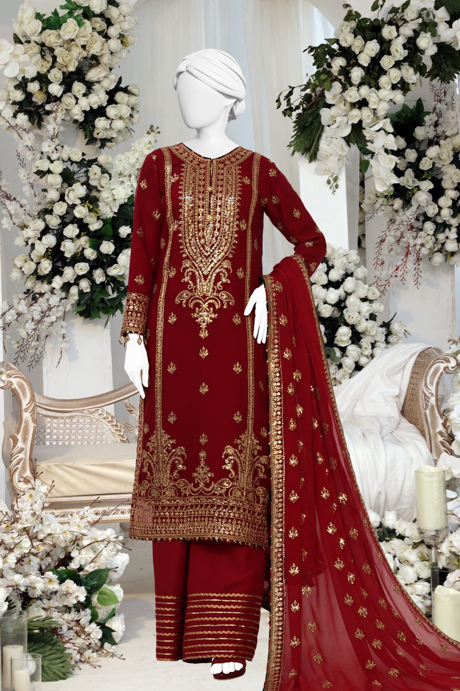 Elegant Red Chiffon Embroidered Suit Set by J. Junaid Jamshed - Perfect for Weddings, Parties & Special Occasions