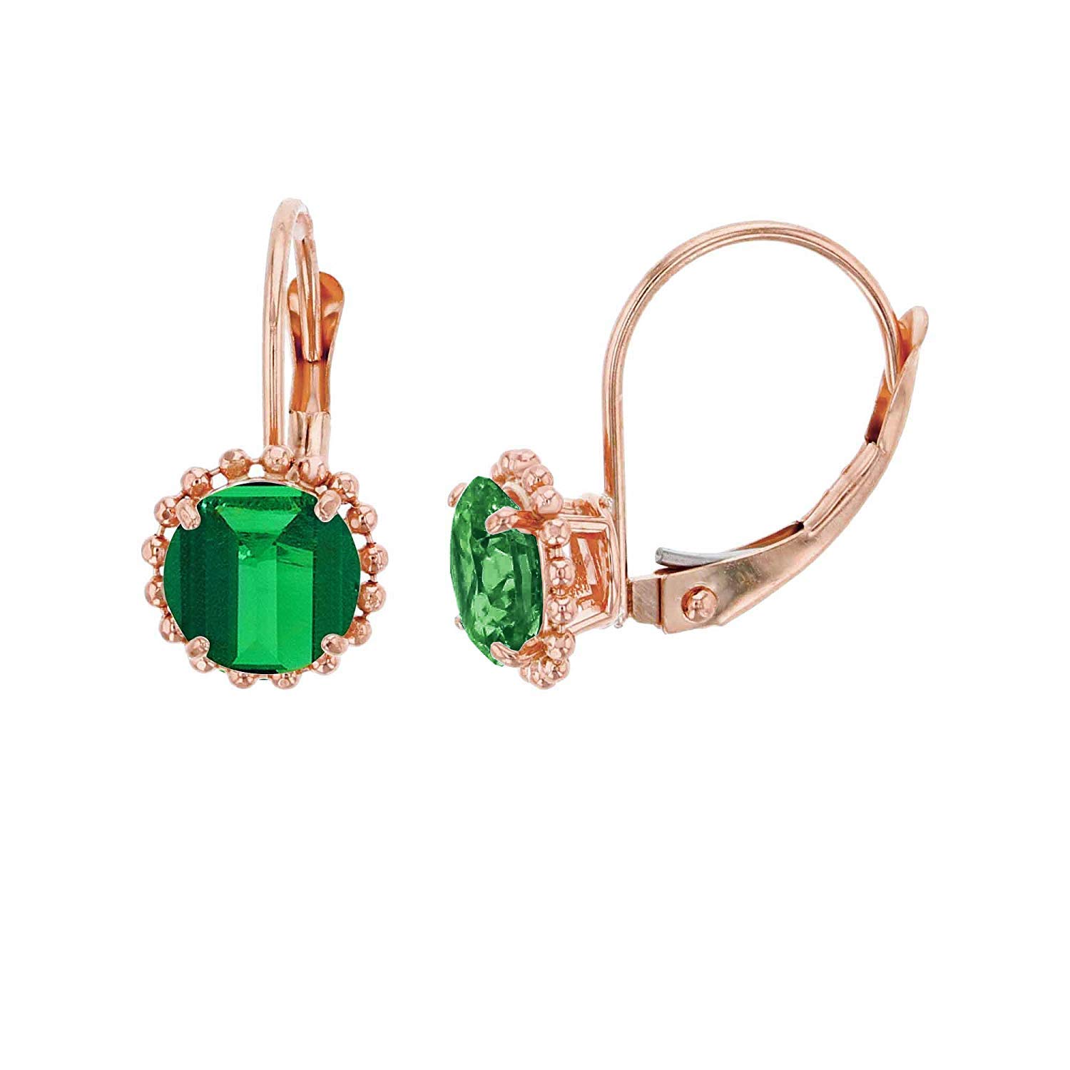 10K Yellow, White & Rose Gold 6mm Round Gemstone Leverback Earrings with Bead Frame | Genuine Birthstone Jewelry for Women | Perfect for Gifts, Weddings & Everyday Wear