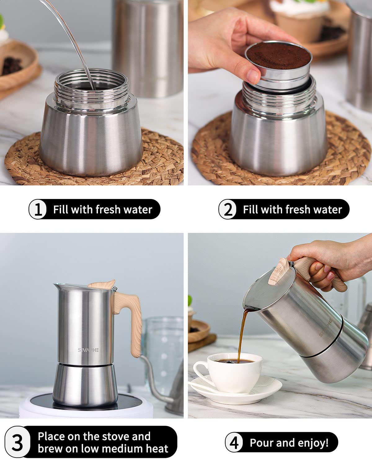 Sivaphe 3.5 oz Stovetop Espresso Maker - Stainless Steel Moka Pot for Induction Cooktops, 1-2 Cup Italian Coffee Maker (100ml) with Step-by-Step Guide - Perfect for Home, Office, Camping & Travel Use (1 Cup=50ml)