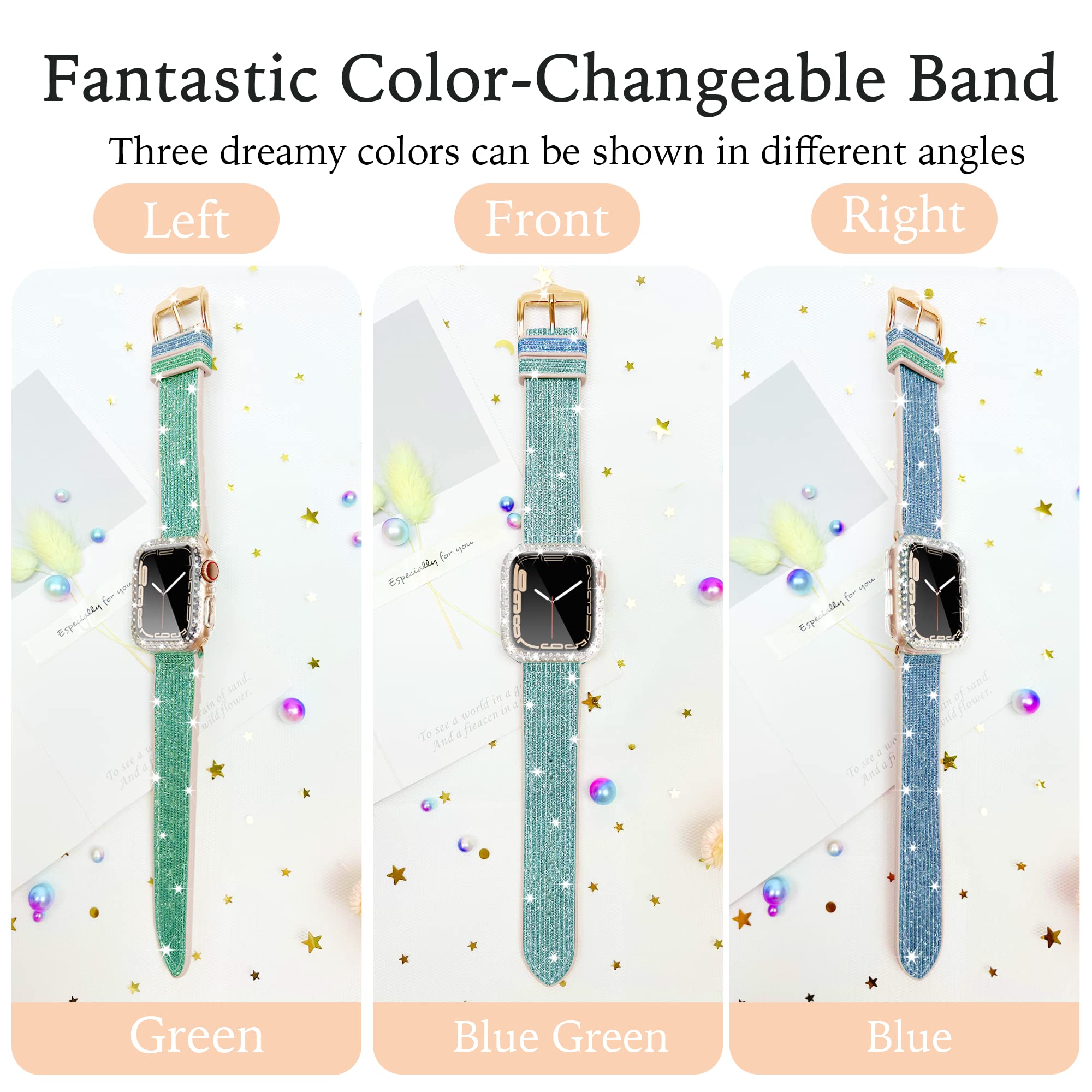 Sparkle Silicone Apple Watch Band 40mm 44mm 41mm 45mm Compatible with iWatch Series 9/8/7/6/SE/5/4 - Glitter Leather Strap for Women, Elegant Sporty Soft Bracelet for Workout, Office & Daily Wear