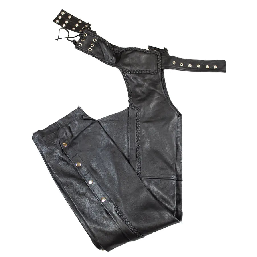Premium Leather Chaps for Women - Open Road Biker Style with Braid Detail - Perfect for Motorcycle Riding & Outdoor Adventures