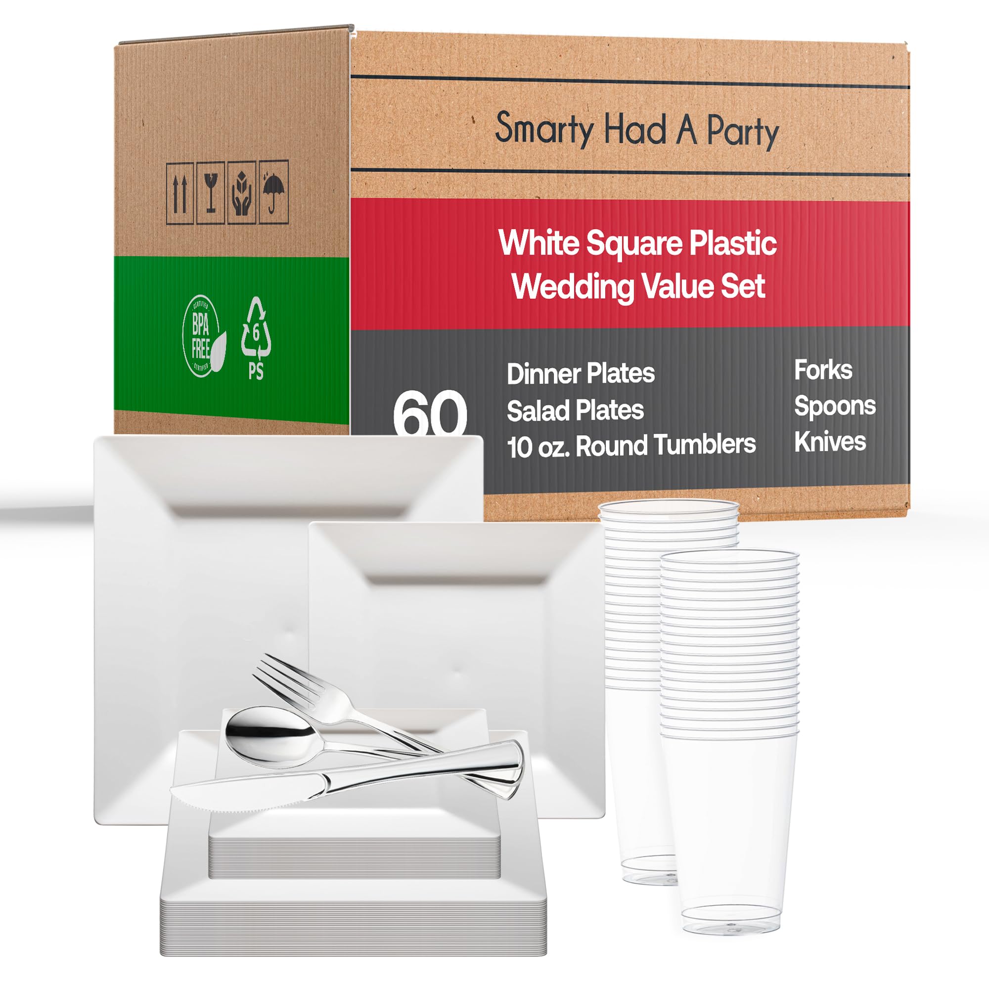 Eco-Friendly Disposable Plastic Dinnerware Set for 60 Guests - Elegant Square White Plates, Salad/Dessert Plates, Silverware Cutlery & Cups | Perfect for Weddings, Birthday Parties, Catering & Outdoor Events