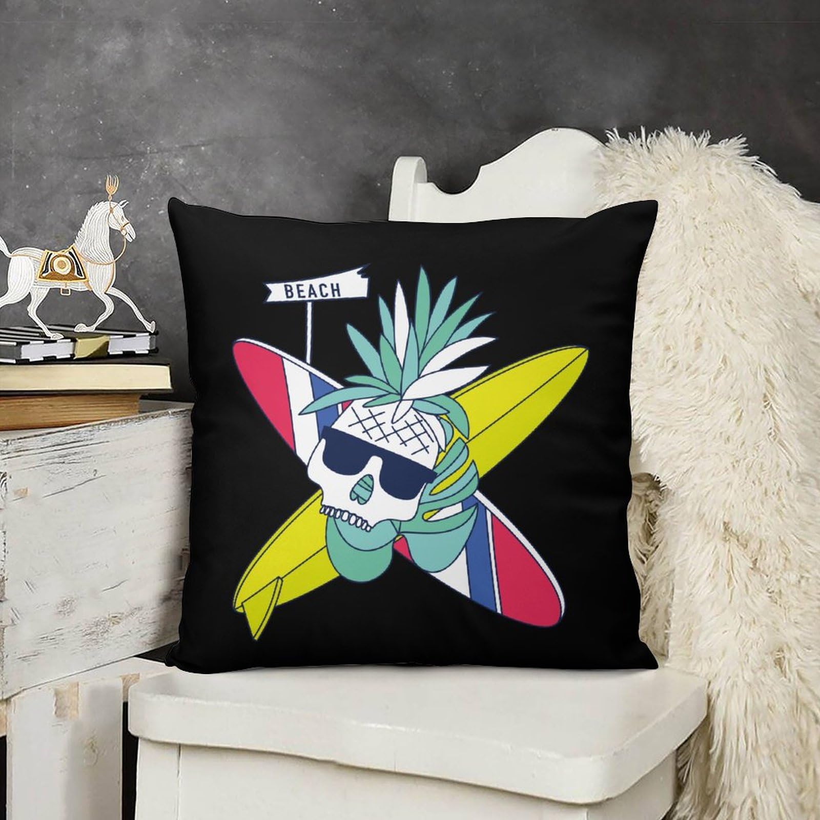 Surfboard Skull Pineapple Plush Pillow Covers - Soft 16x16 Inch Cushion Cases for Sofa, Bed, Dorm (Set of 4) - Tropical Home Decor & Beach House Accessories