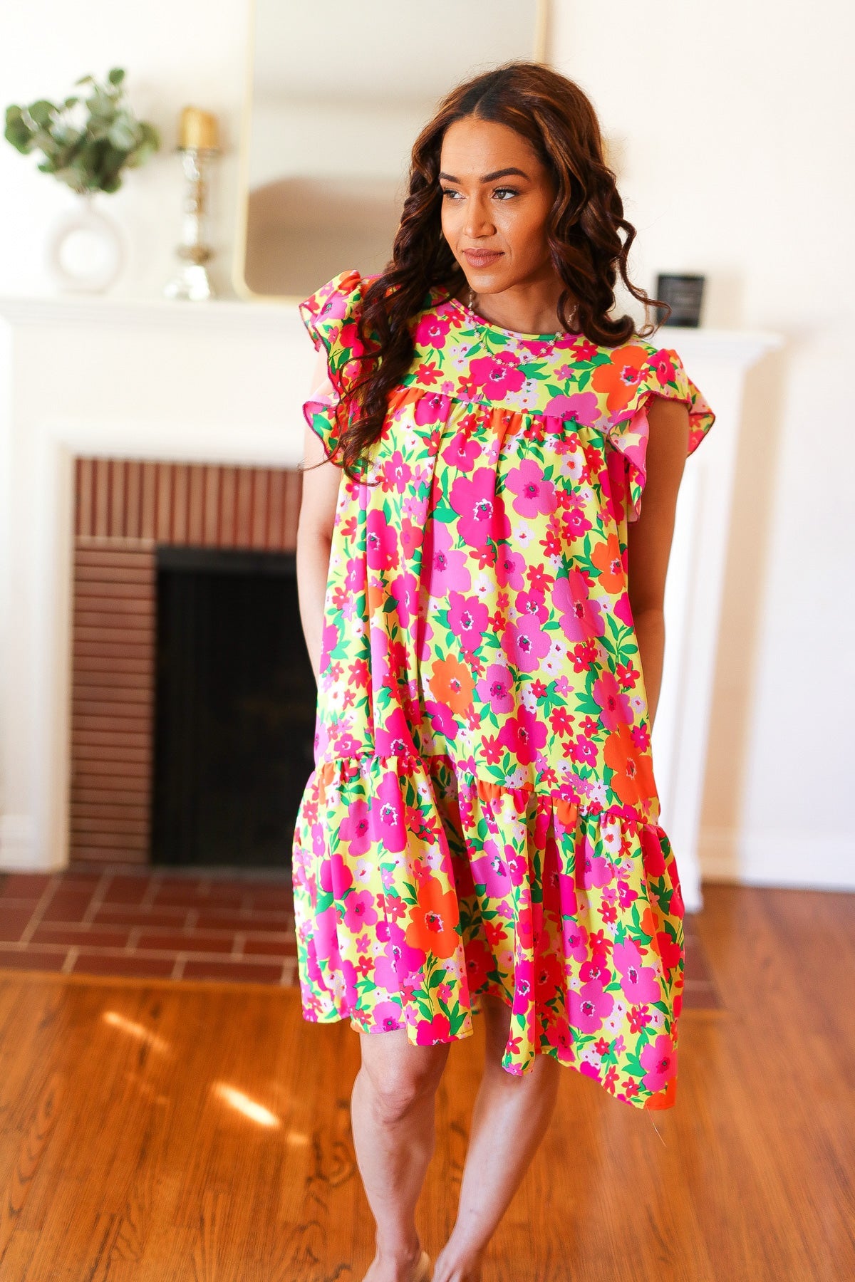 Be Charming Lime & Pink Floral Print Tiered Ruffle Sleeve Dress - Women's Summer Party Dress for Weddings, Garden Parties & Date Nights