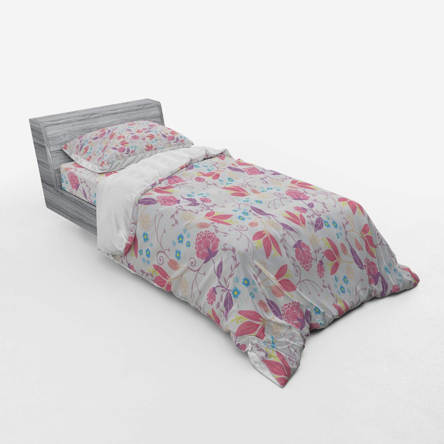 Ambesonne Pastel Duvet Cover Set - 3 Piece Twin XL Bedding with Sham & Fitted Sheet, Floral Garden Design Featuring Tulips, Peonies & Twigs | Perfect for Spring Bedroom Decor, Guest Room Makeover & Cozy Farmhouse Style