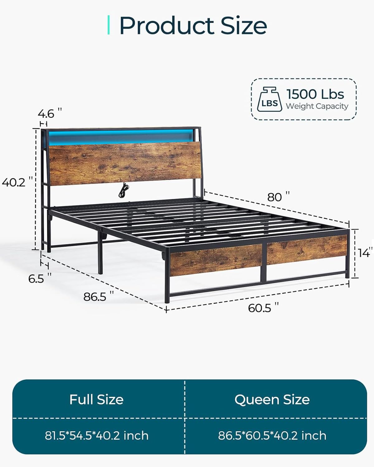 LINSY Queen Size Bed Frame with Ergonomic Headboard & Built-in Lights - 14 Inch Metal Industrial Platform Bed with USB Charging & Underbed Storage, No Box Spring Needed, Rustic Brown - Perfect for Modern Bedrooms, Guest Rooms & Small Apartments