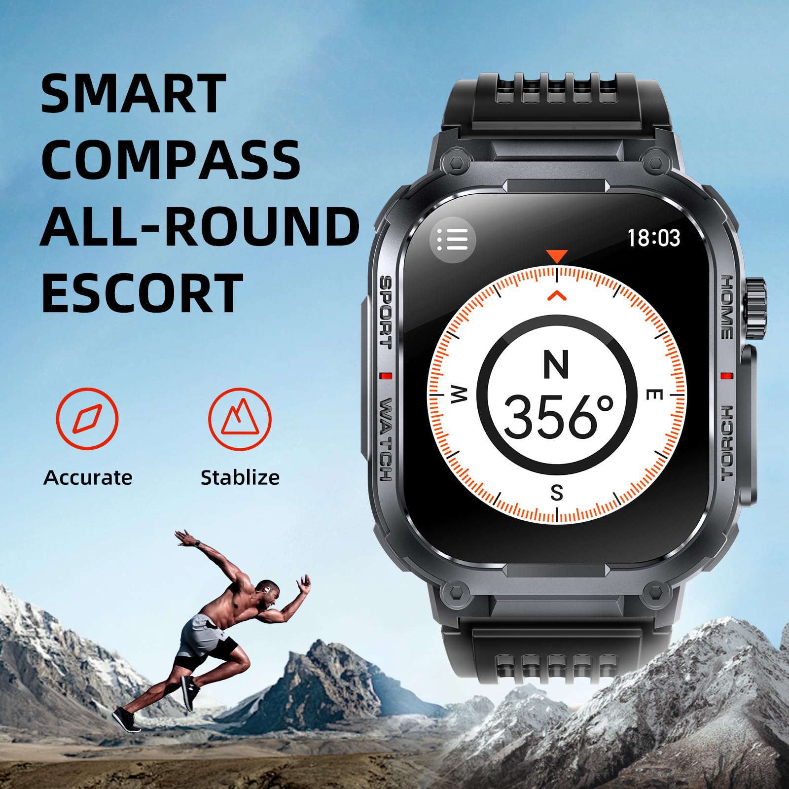 Military Smart Watch - Fitness Tracker with LED Flashlight & Waterproof for iPhone/Android - Outdoor Sports & Daily Use