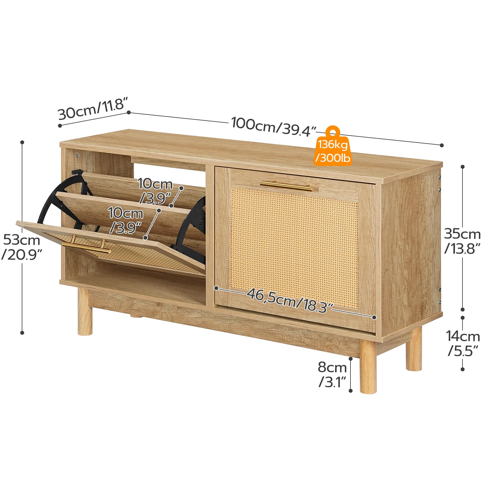 HOOBRO Shoe Storage Bench with Flip Drawers - Rattan-Like Entryway Shoe Rack & Cabinet - Narrow Wooden Shoe Organizer for Hallway, Living Room & Bedroom - Natural Finish NL51HX01