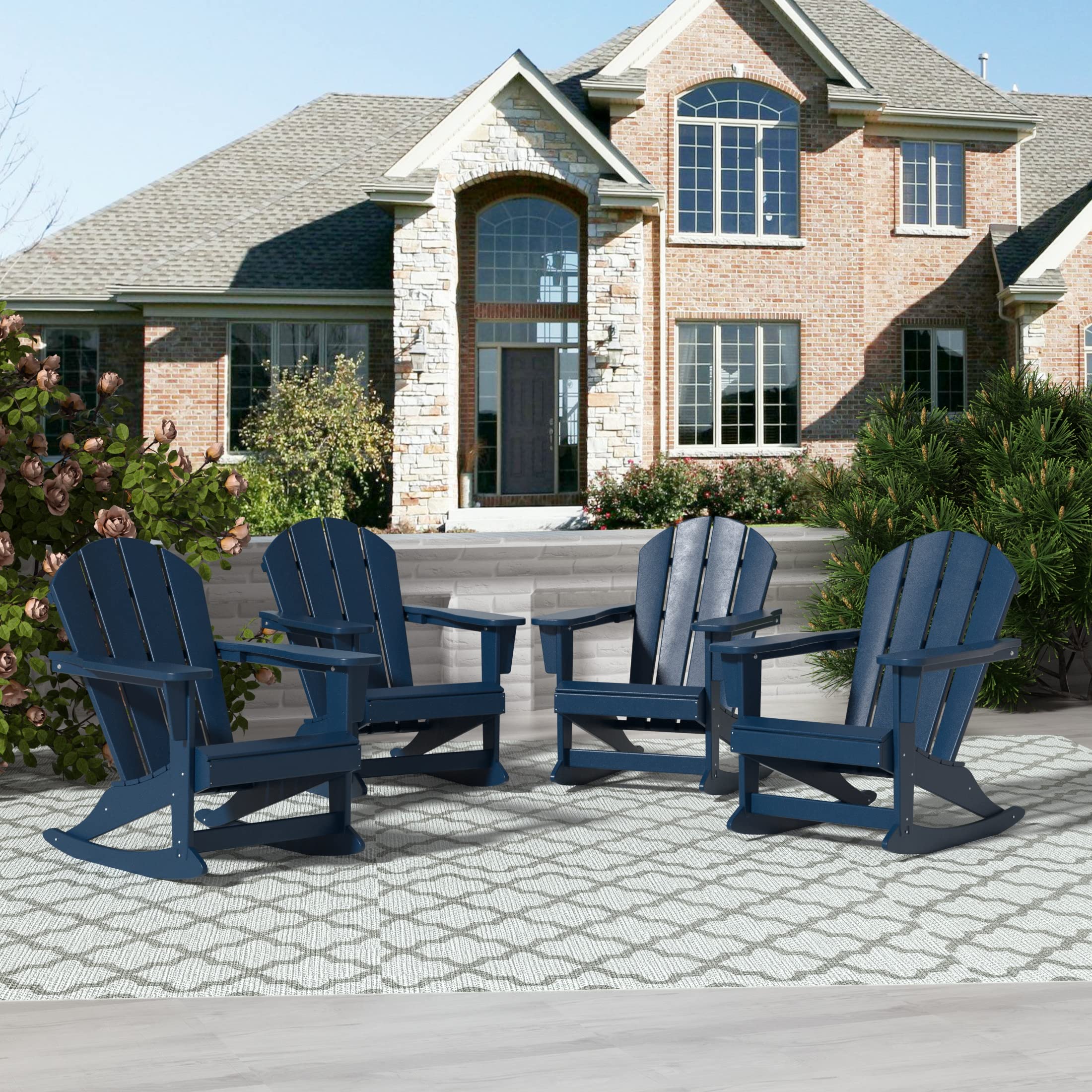 WO Home Furniture 4-Piece Patio Rocking Chair Set - Classic Outdoor HDPE Rockers with UV & Weather Resistance (Navy Blue) - Perfect for Porch, Garden, Deck & Backyard Relaxation