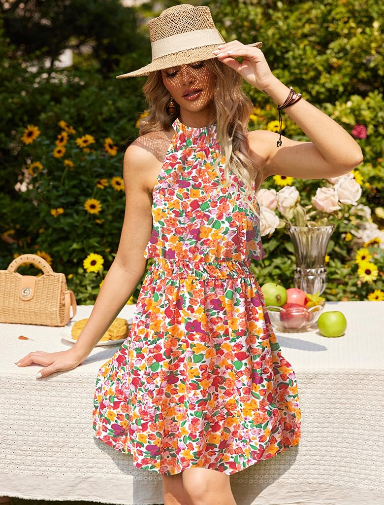 Locryz Women's Summer Floral Sun Dress - Sleeveless Halter Neck Casual Swing Pleated Dress for Beach, Party & Vacation | Perfect for Outdoor Events, Tropical Getaways and Summer Weddings