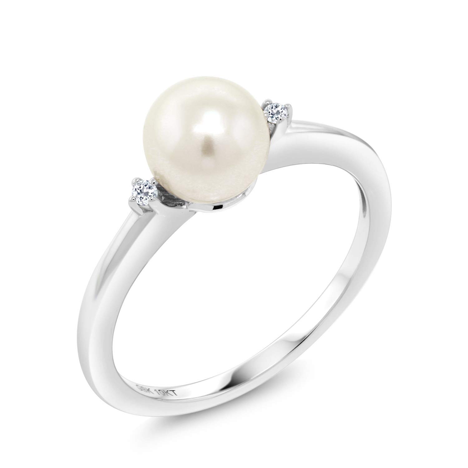 10K White Gold 7mm Cultured Freshwater Pearl & White Topaz Engagement Ring for Women - Size 5-9 | Elegant Bridal Jewelry, Wedding Gift, Anniversary Present