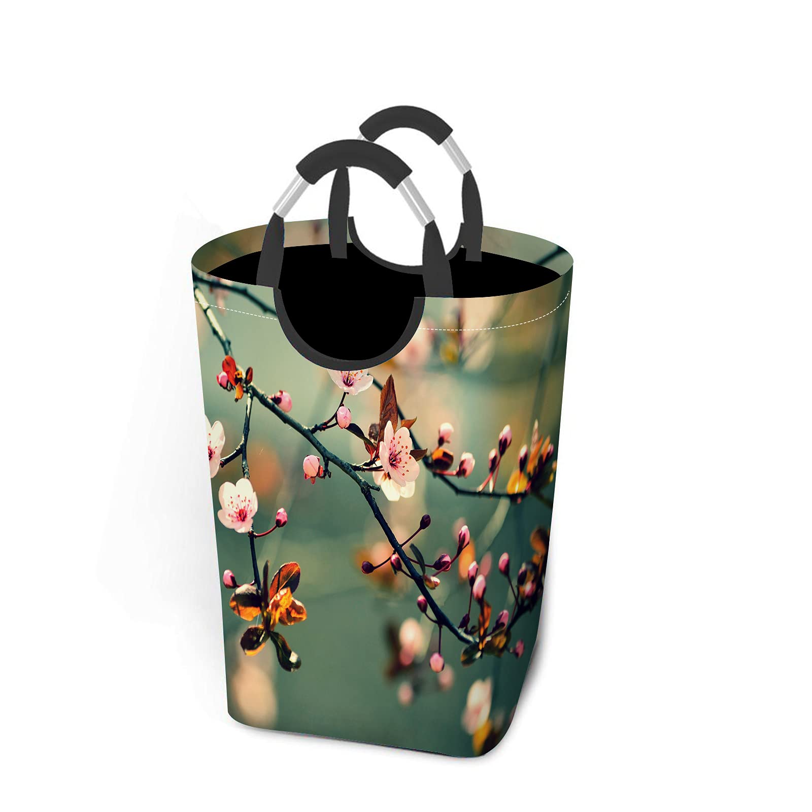 Japanese Cherry Blossom Square Laundry Hamper - Collapsible Storage Basket with Aluminum Handle for Bathroom, Dorm, Closet - 50L Capacity - Perfect for Spring Decor, Floral Home Organization & Small Space Storage