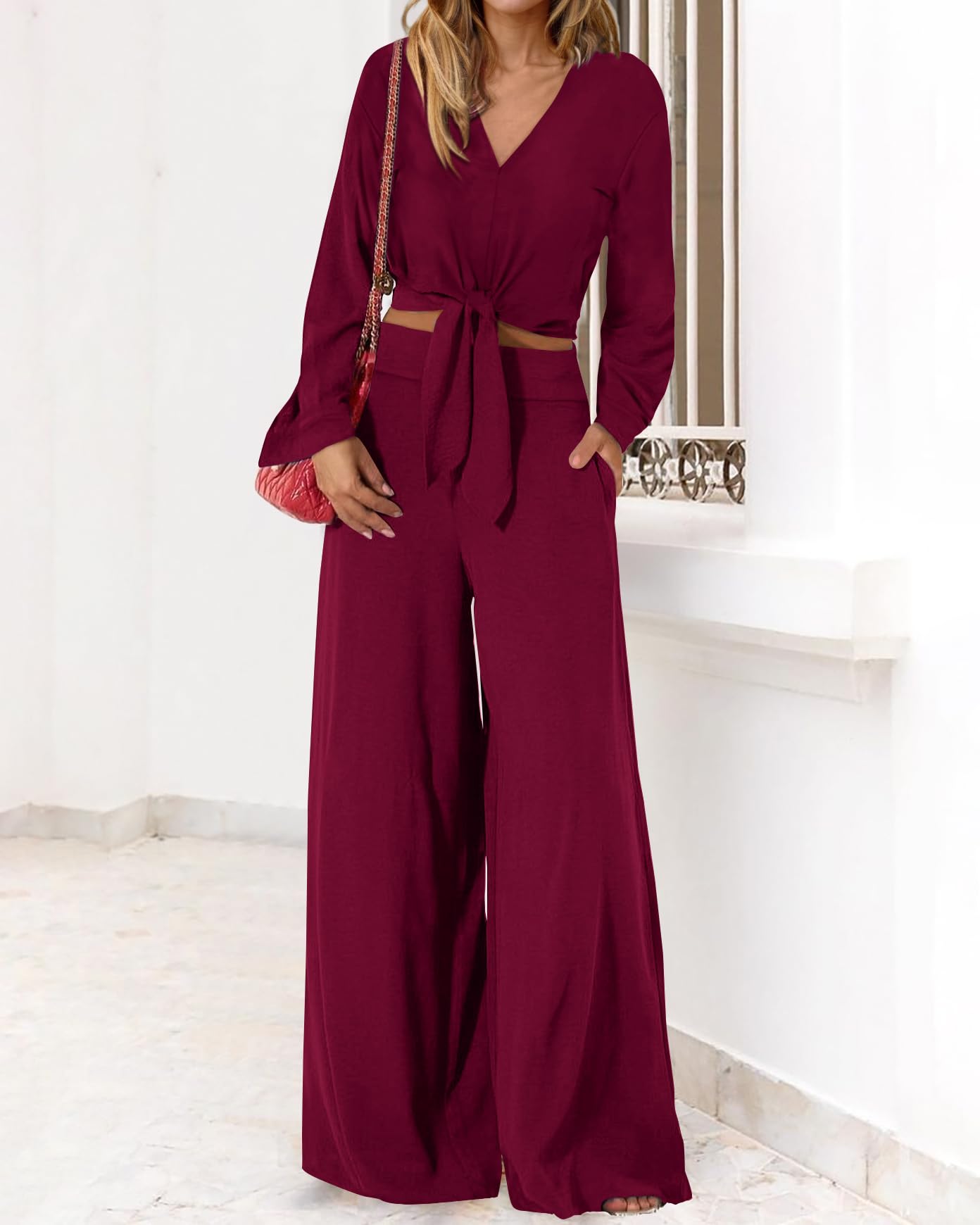PRETTYGARDEN Women's 2 Piece Outfits 2025 Spring Casual V Neck Long Sleeve Strappy Crop Top with Wide Leg Palazzo Pants Set | Trendy Matching Outfit for Brunch, Shopping & Vacation