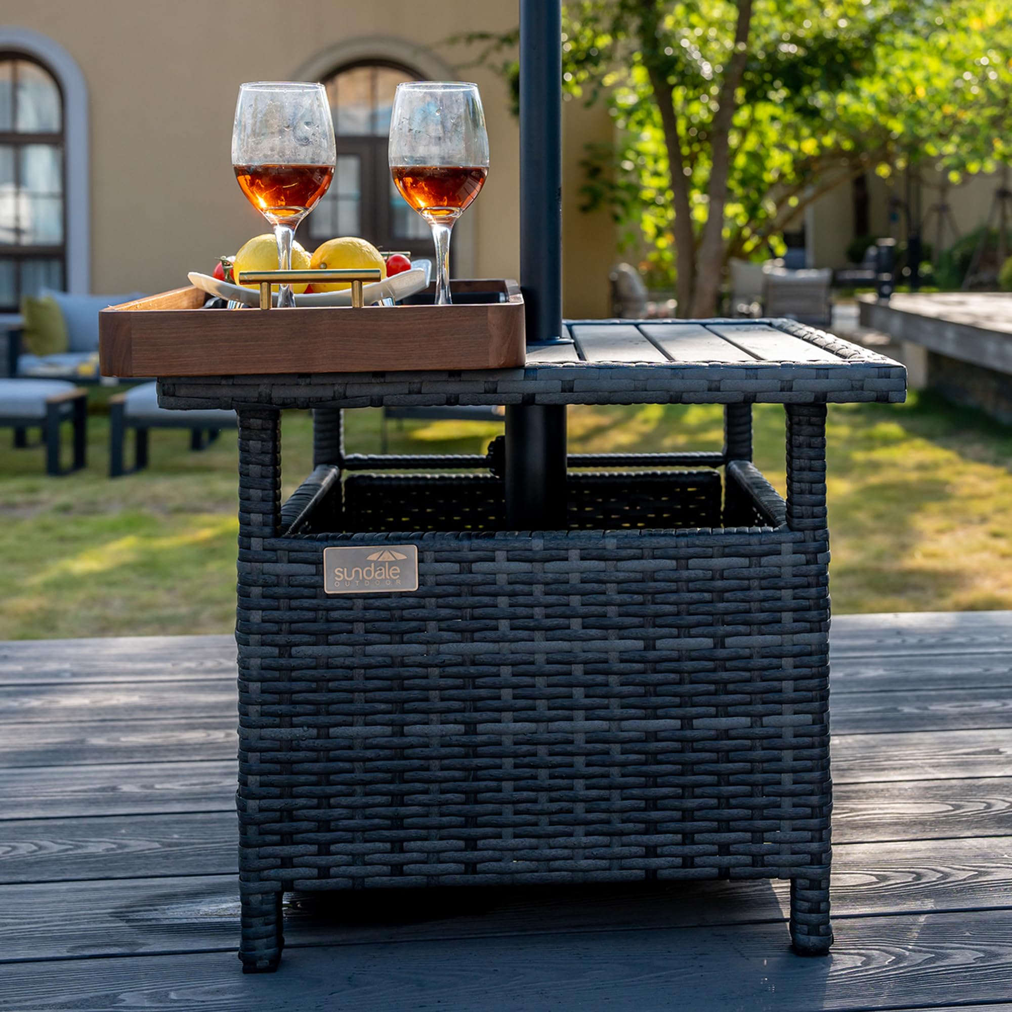 Heavy Duty Sundale Outdoor Umbrella Stand with 2 Weight Bags - 22 Inch All-Weather Wicker Side Table with Umbrella Hole - Sturdy Rattan Base for Patio, Deck, Yard, Poolside & Porch (Charcoal Gray) | Perfect for Outdoor Entertaining & Relaxation