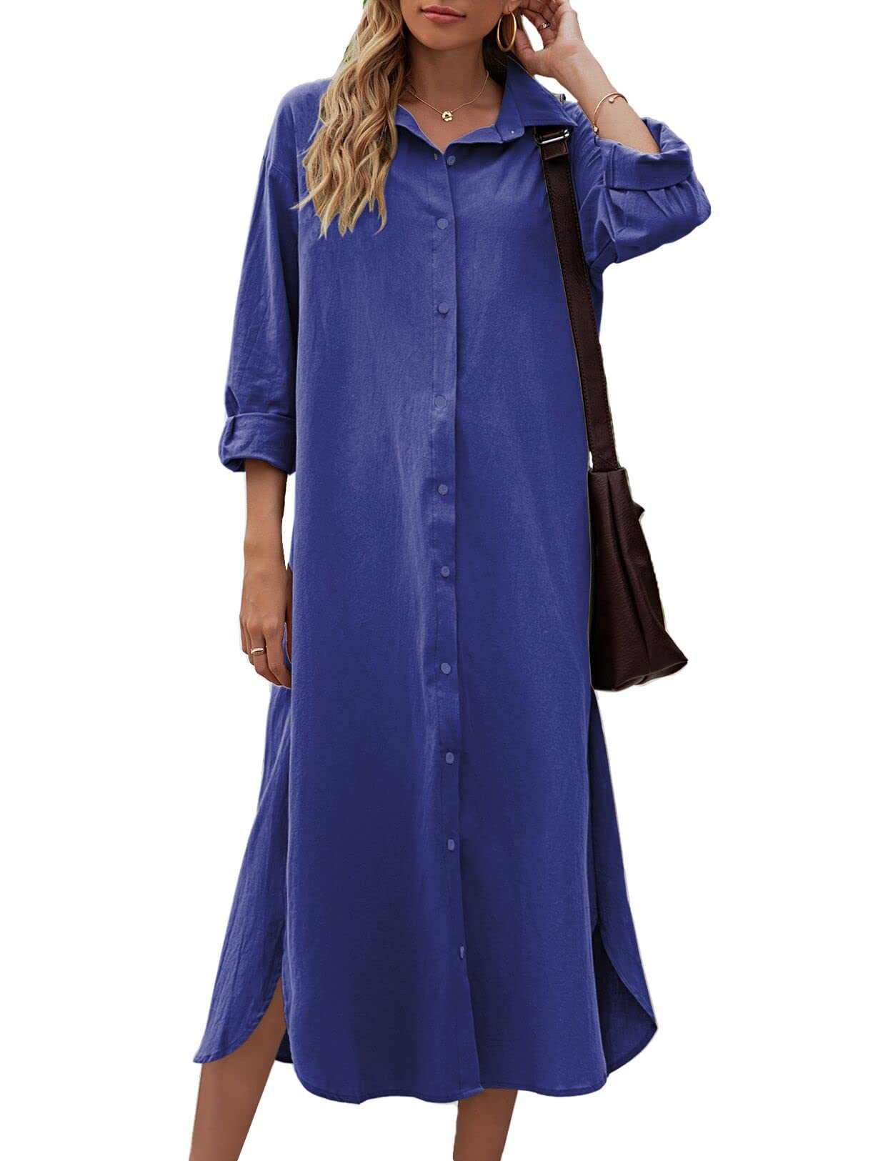 Sopliagon Women's Cotton Linen Shirt Dress - Casual Loose Fit Maxi Dress for Summer, Beach, Travel & Everyday Wear