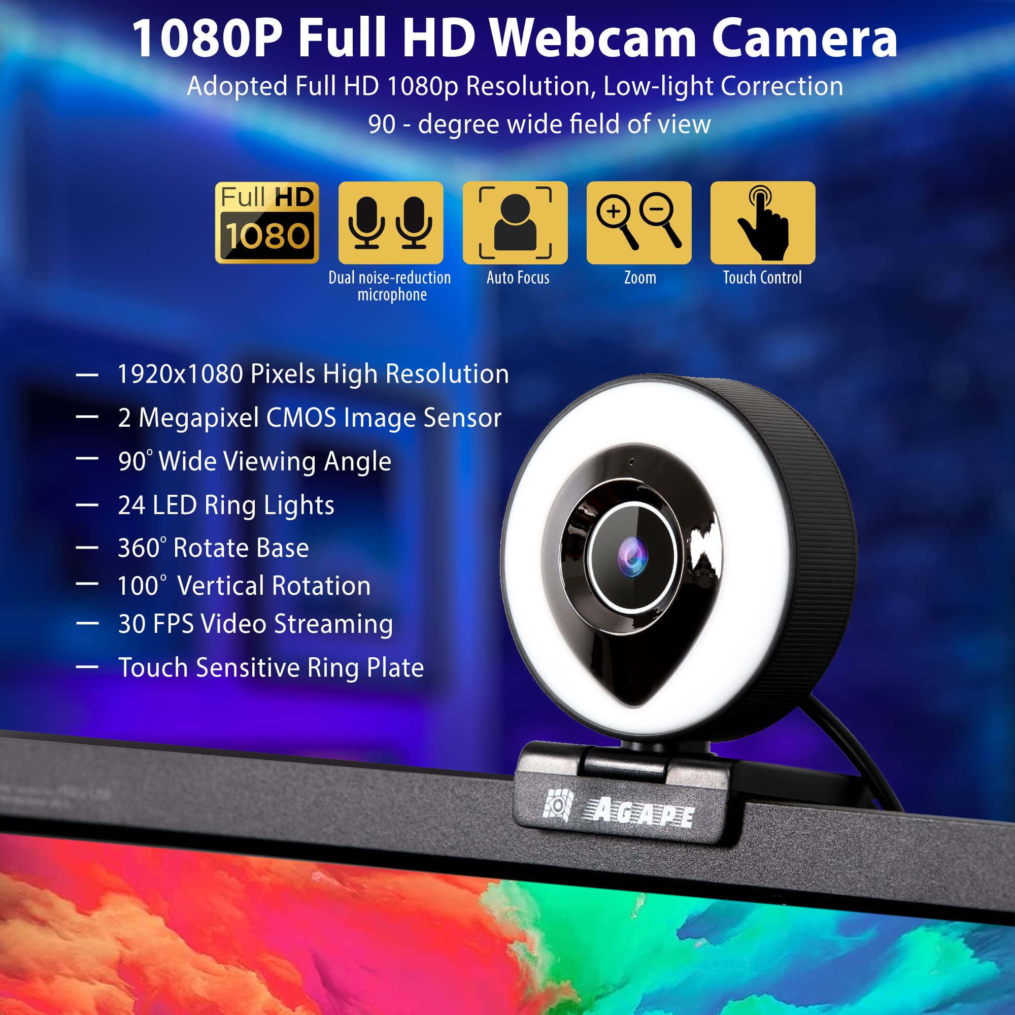 Agape Full HD 1080P Webcam with Built-in Microphone & Auto Focus - Plug & Play USB Web Camera with Adjustable Ring Light & Tripod Stand for Zoom/Skype/Teams Meetings, Online Classes, Live Streaming & Gaming