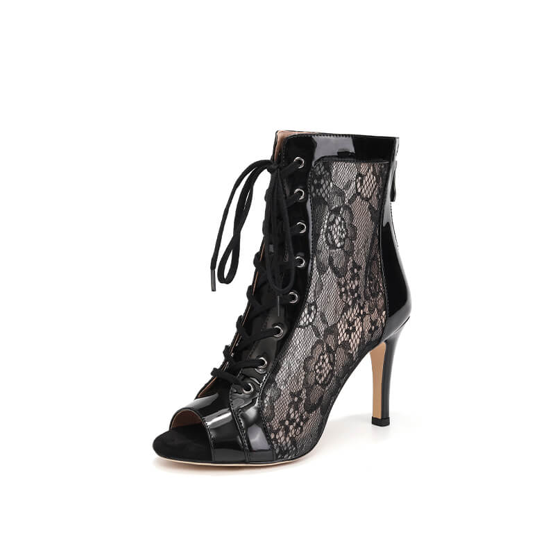 Sexy Lace Mesh Open Toe Stiletto Heel Boots for Women - Lace Up Dance Shoes for Tango, Pole Dancing & Nightclub Wear