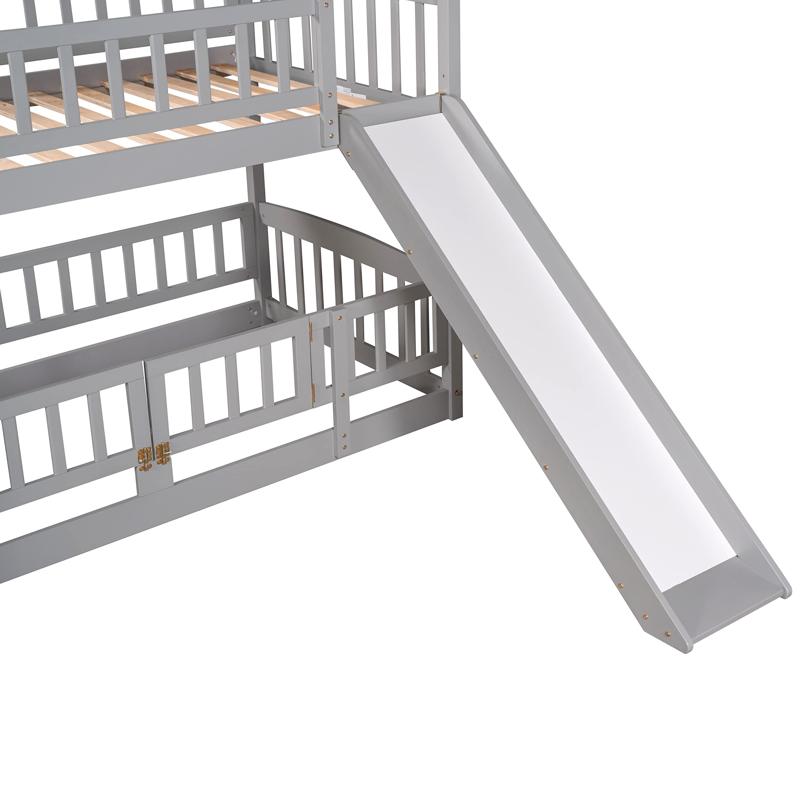 Harper & Bright Designs Twin Over Twin Bunk Bed with Slide - Low Loft Wooden Bunk Bed Frame with Safety Fence & Ladder for Kids, Toddlers & Teens - Easy Assembly (Gray) - Perfect for Small Bedrooms, Shared Kids' Rooms & Sleepovers
