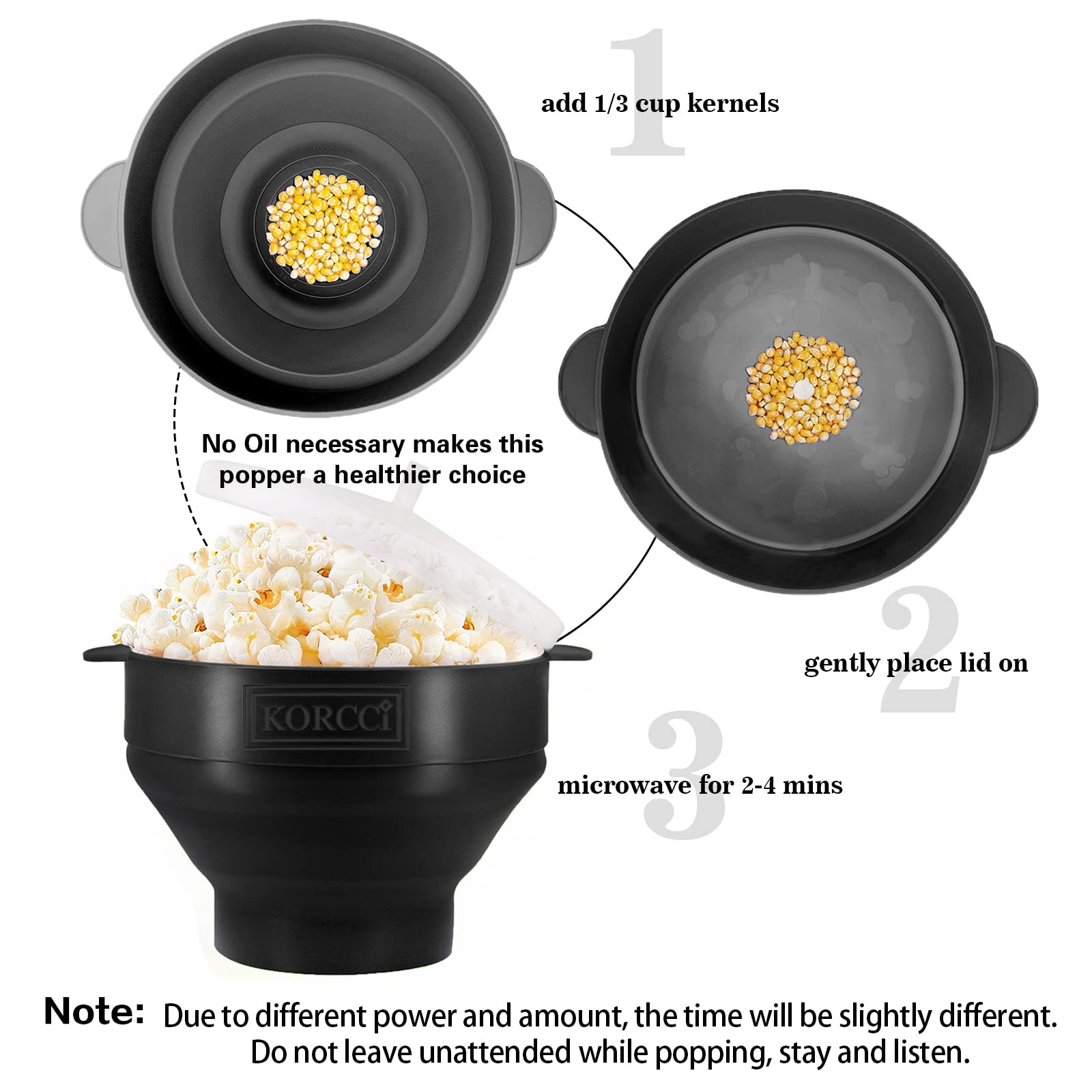 Original Korcci Microwave Popcorn Popper - BPA Free, Collapsible Silicone Popcorn Maker Bowl for Microwave - Dishwasher Safe, Black - Perfect for Movie Nights & Healthy Snacking at Home