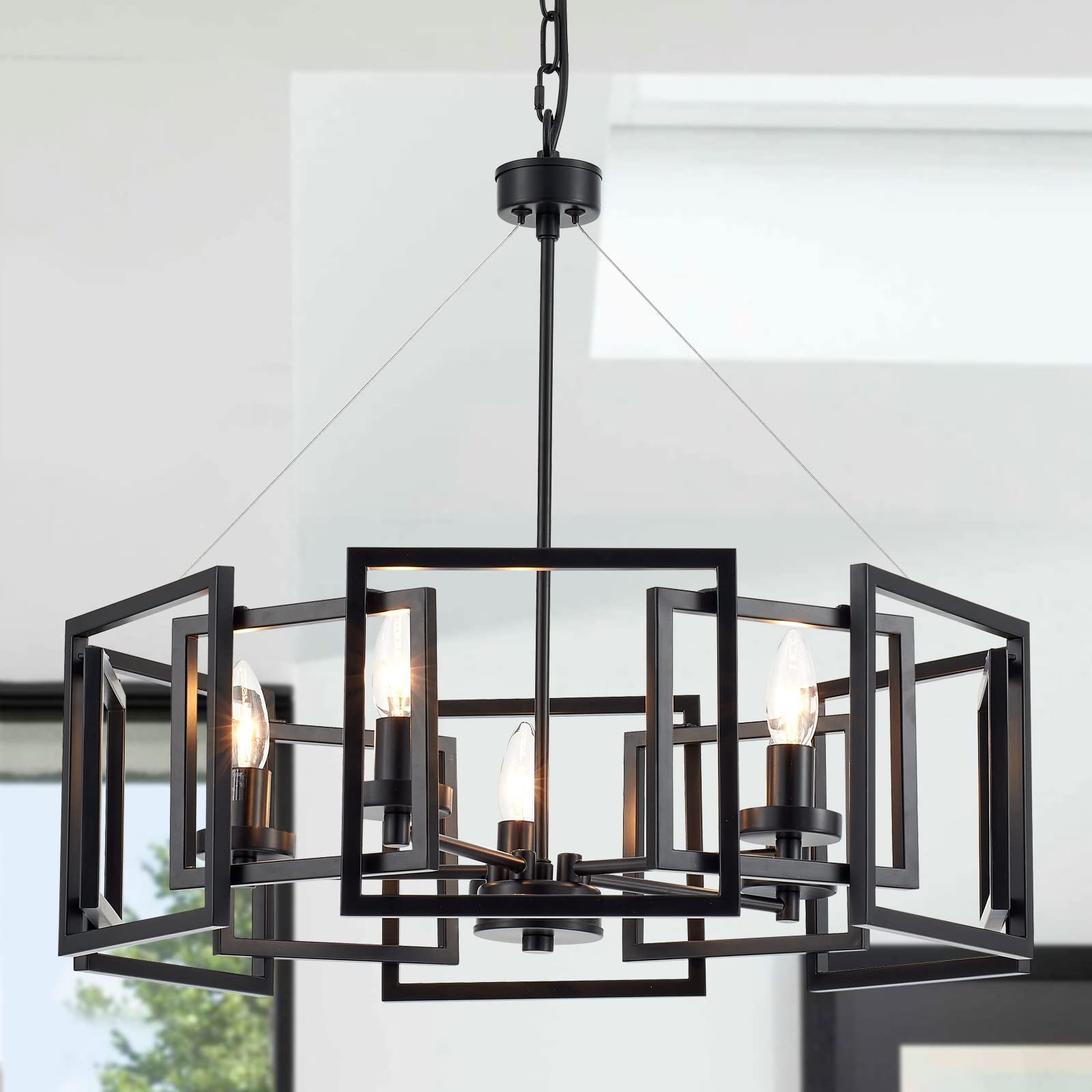 Industrial Style Chandelier - Matte Black Geometric Pendant Light Fixture with 5 Lights for Dining Room, Living Room, Kitchen Island & Bedroom | Perfect for Modern Farmhouse, Loft & Industrial Decor