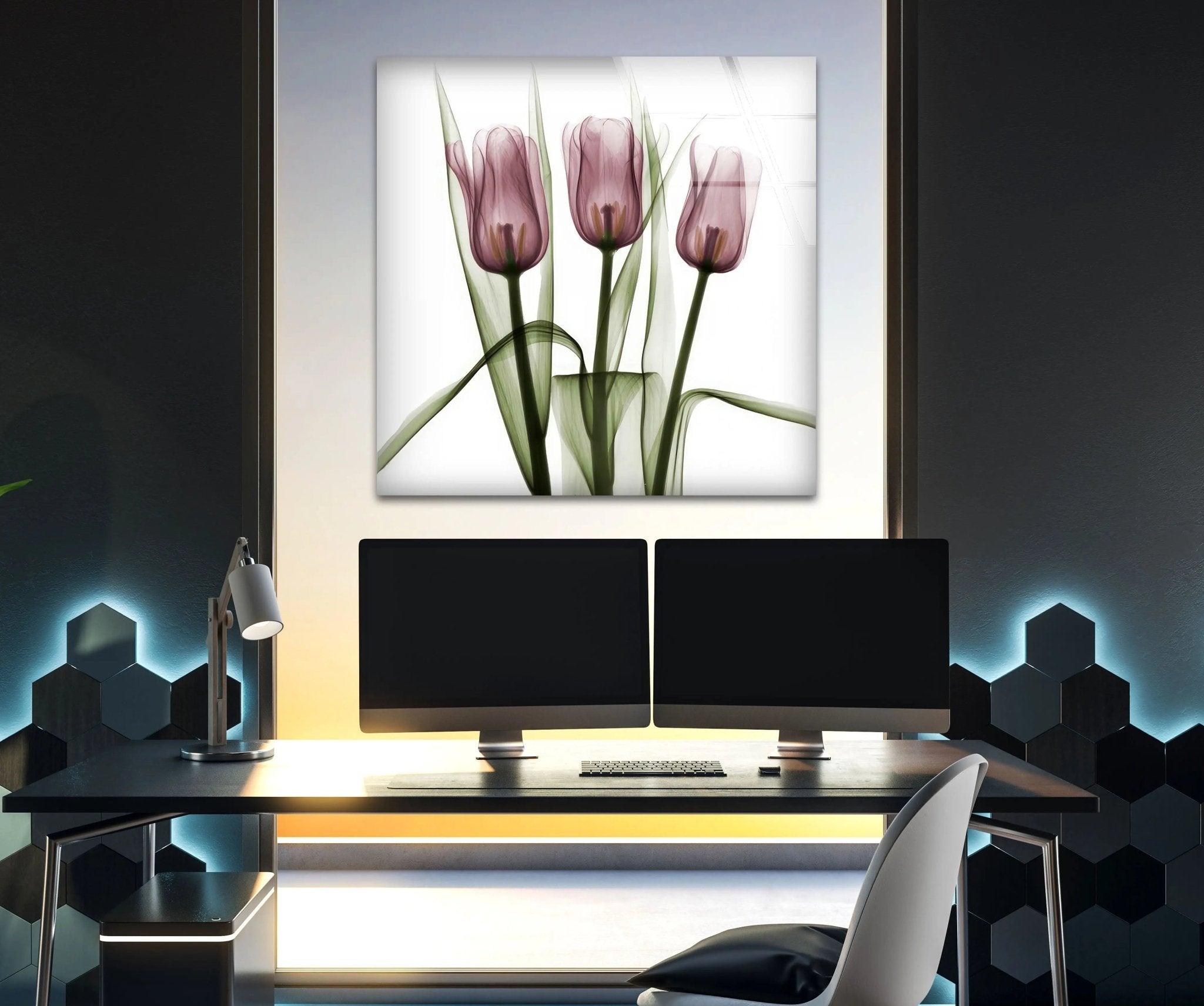 Albert Koetsier Triplet Tulips Stained Glass Wall Art - Handcrafted Floral Home Decor for Living Room, Bedroom & Office