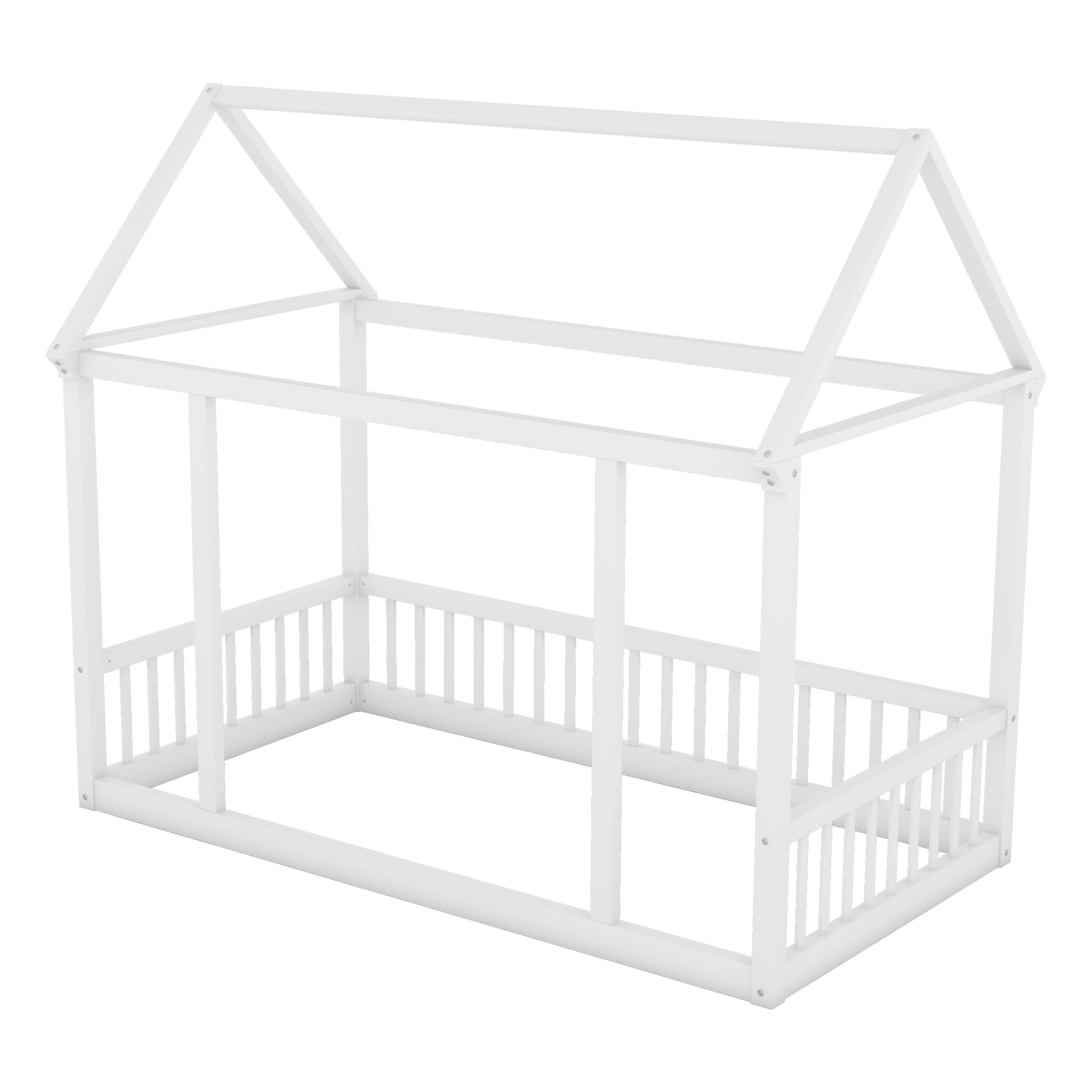Bellemave Twin Size Wooden House Floor Bed for Kids - Montessori Bed Frame with Safety Fence, Playhouse Design for Boys & Girls - Perfect for Bedrooms, Playrooms & Montessori Learning Spaces (White)