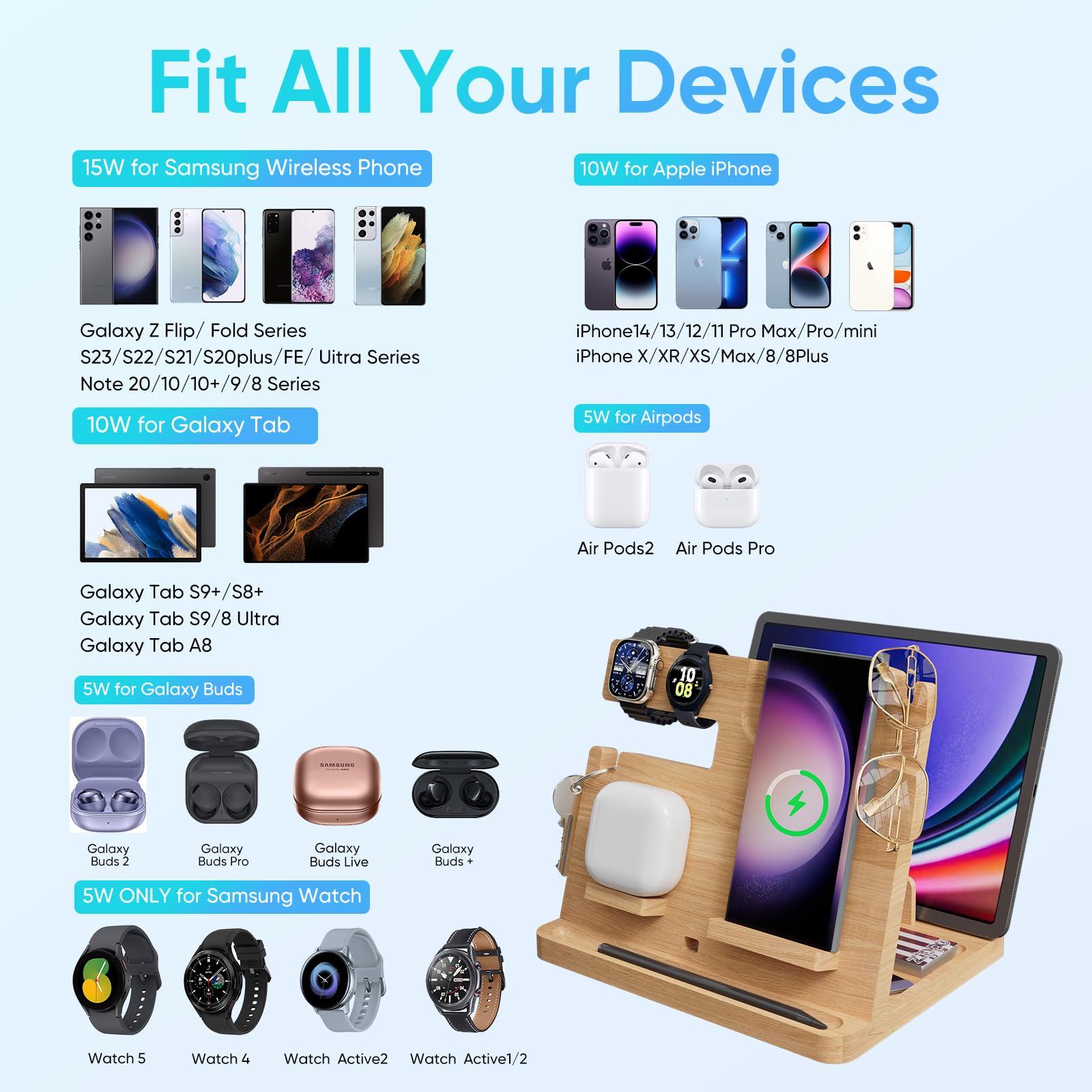 Bamboo Wireless Charger Stand for Samsung Galaxy Z Flip Fold 4 S24 S23 Ultra S22 S21 S20 - 3-in-1 Fast Charging Station for Phone, Earbuds & Galaxy Watch 5/4/3 | Eco-Friendly Bamboo Organizer | Perfect Gift for Tech Lovers | Home Office Desk Accessory