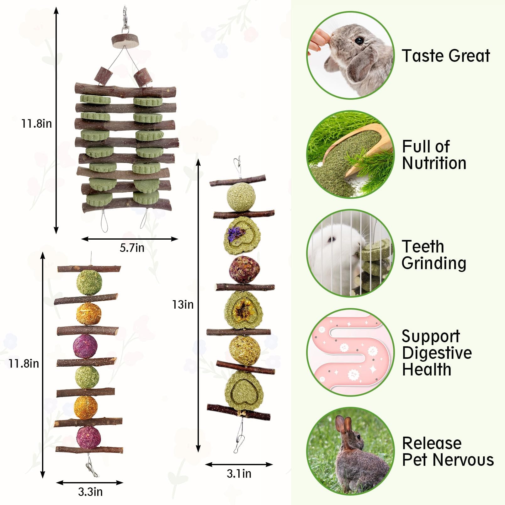 Hamiledyi Natural Bunny Chew Toys for Rabbits - Timothy Grass & Fruit Sticks Dental Treats for Guinea Pigs, Hamsters, Chinchillas - Hanging Teeth Grinding Toys for Small Pets - Perfect for Cage Enrichment and Dental Health Care