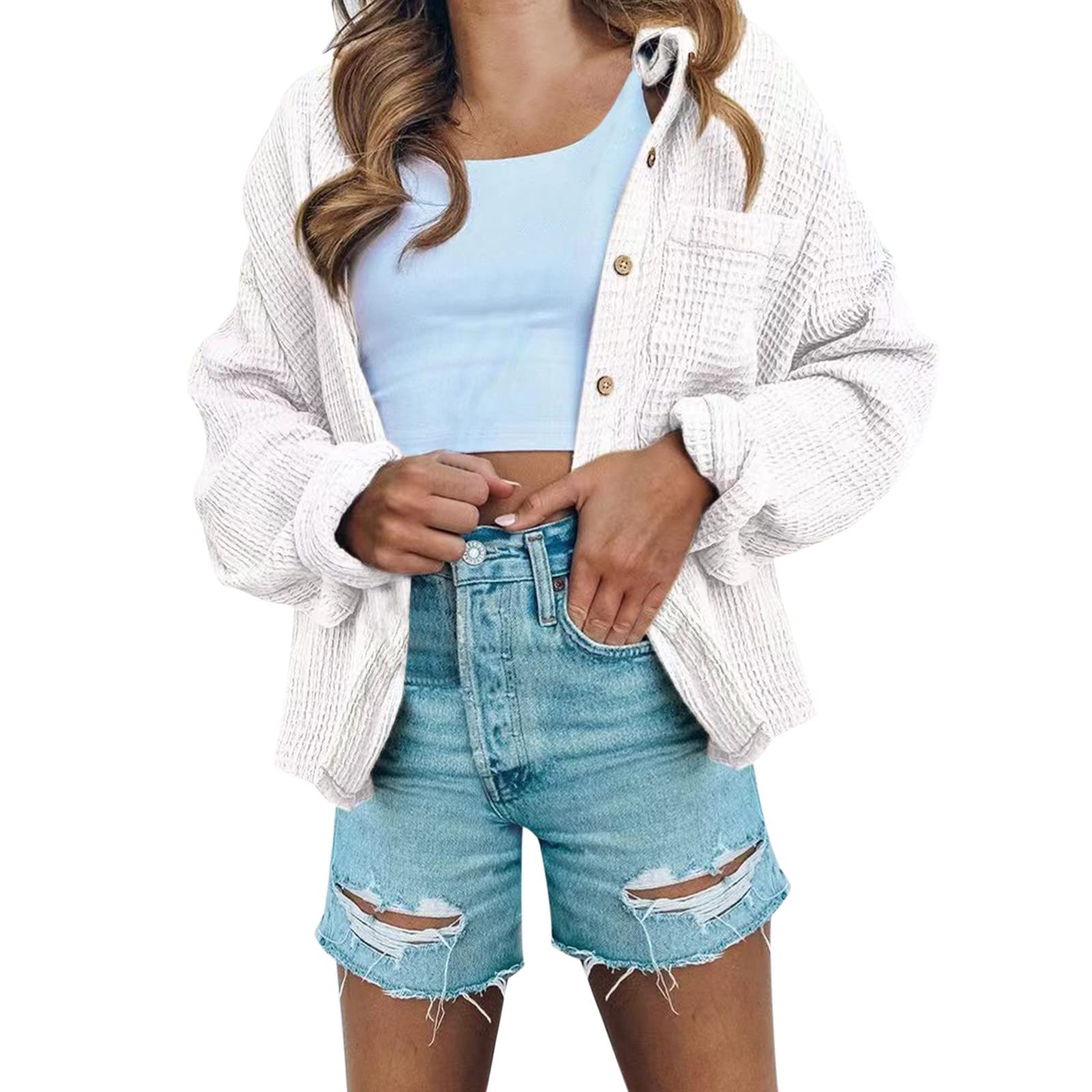 Women's Yellow Plaid Print Long Sleeve Button-Up Shirt Jacket with Strap Pocket - Casual Office Wear & Spring Layering Outfits