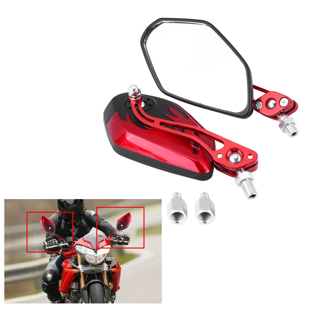 Universal 8mm/10mm Aluminum Flame Pattern Motorcycle Scooter Rearview Mirrors - 1 Pair for 50cc Scooters & Bikes (Red) - Perfect for Urban Commuting & Safe Riding