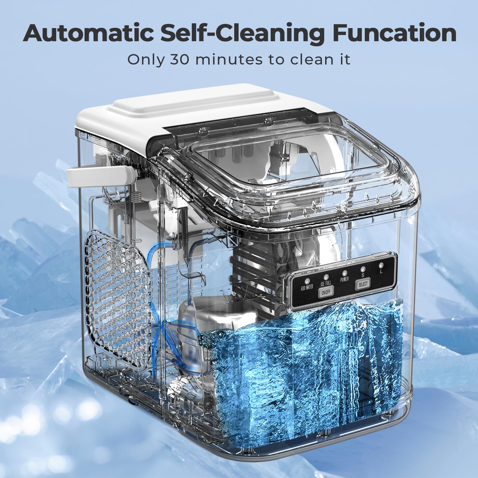 Portable Self-Cleaning Countertop Ice Maker Machine - 9 Cubes in 6 Minutes, 26.5lbs/24h Output - 2 Ice Cube Sizes (Bullet & Cube) with Scoop & Basket - Perfect for Home Kitchen, Office, Bar, Parties & Outdoor Events (White)