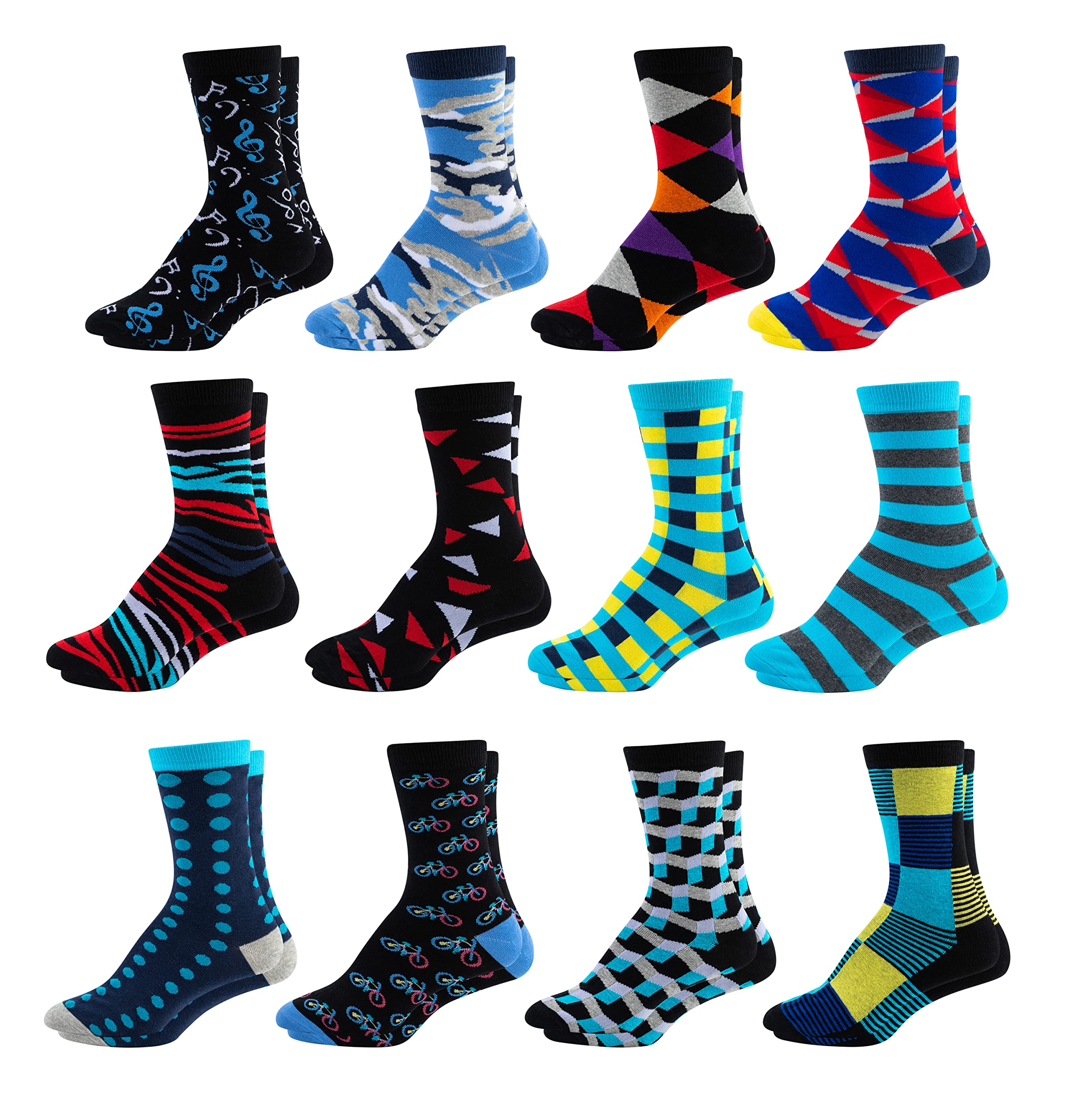 Men's Colorful Dress Socks 12 Pack - Funky Patterned Crew Socks for Casual & Formal Wear - Perfect for Office, Parties & Gifts