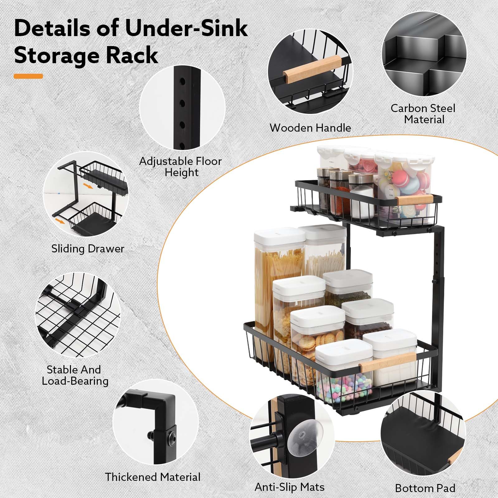2-Pack Under Sink Organizers - Adjustable 2-Tier Sliding Cabinet Storage for Kitchen & Bathroom | Space-Saving Pull-Out Drawer Organizer for Cleaning Supplies, Sponges & Toiletries